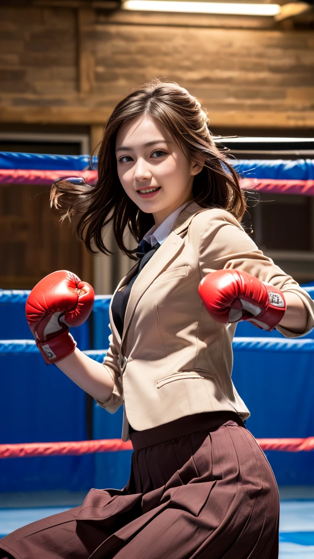 table top, highest quality, Super detailed, finely, High resolution, 8k wallpaper, perfect dynamic composition, whole body,beautiful and detailed eyes,medium hair, natural color lip,smile,(Wearing a brown school blazer uniform,Red Boxing Gloves:1.3),(long hair:1.3), (Front view. drawn action: That girl has to do kickboxing. . video 、when doing a high kick, Need to convey a sense of dynamic movement:1.4),(The wind blows and lifts up my brown skirt,I can see your pants:1.3)16 year old girl,(whole body:1.3)