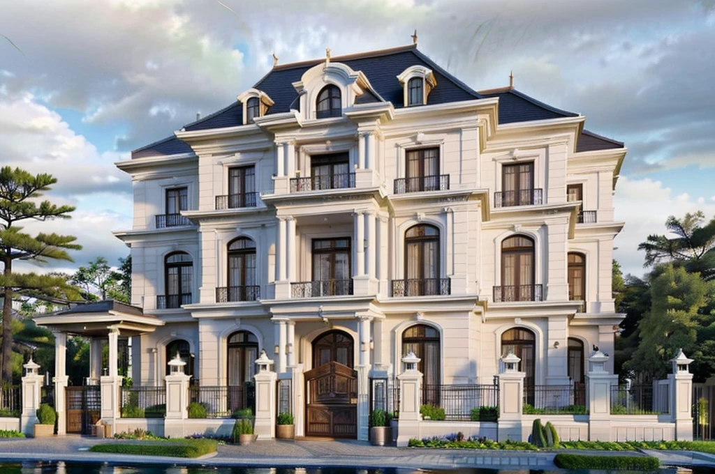 Garden villa, with swimming pool, Japanese style garden. Neoclassical style, masterpiece, surreal, rendered by vray 2023, rendered 8k glass railings, 4-panel wooden door. light Natural, cloudy, daytime 
