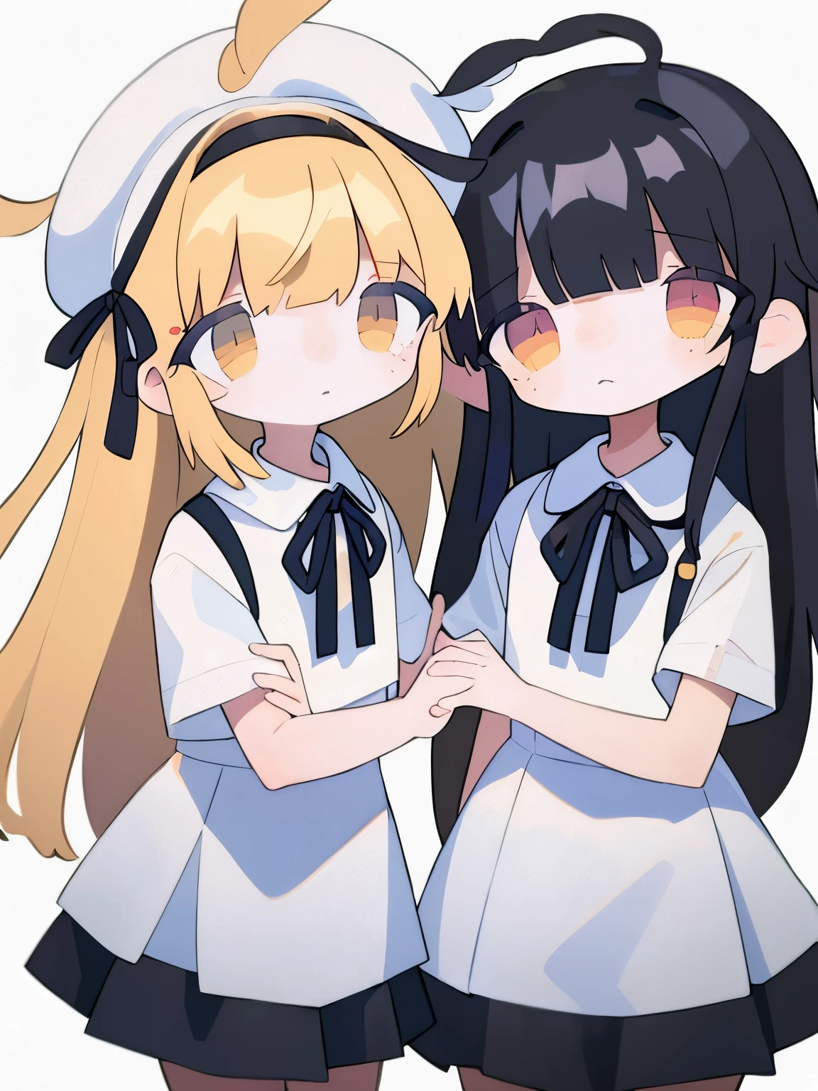 2girls, ohr-default,ohr (blue archive), covered eyes,parted bangs, long hair, blonde hair, white hair, white dress,wide sleeves,barefoots, blindfold, black dress, abigail abigail williams \(fate\), blue eyes, laughting, evil smile, open mouth, indoors, hut <lora:ohr_blue archive_PONY_(blind):1>, score_9, score_8_up, score_7_up, score_6_up, score_5_up, score_4_up, BREAK source_anime, masterpiece