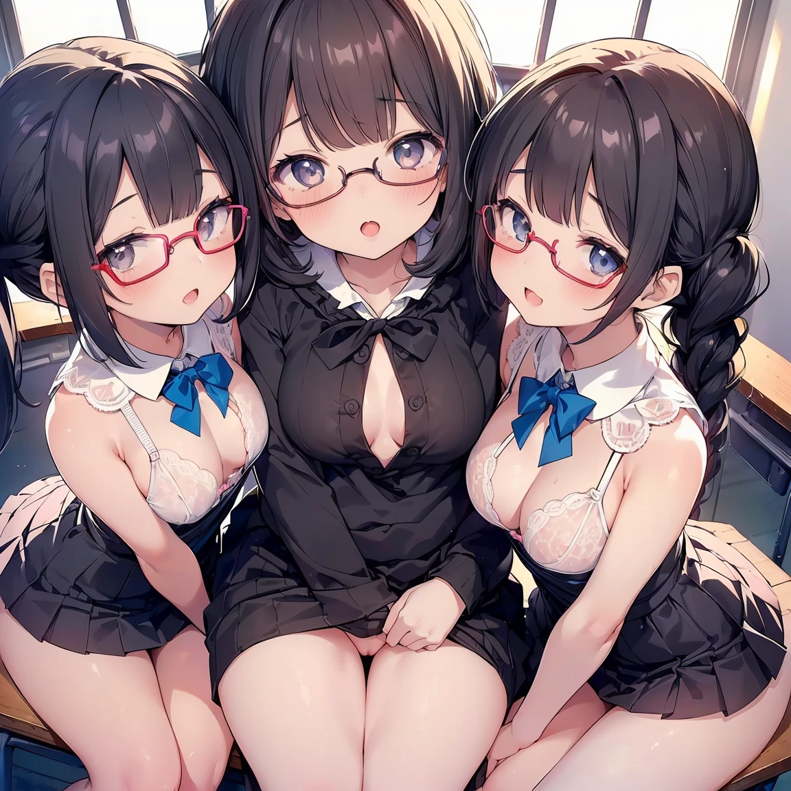 Super detailed, best quality, High resolution, Moe anime, ((((Three cute s with black hair and big round glasses hug each other.)))), (baby face), ((Big eyes:1.5, drooping eyes:1.2)), dark blue eyes, cute eyes, detailed eye description, brilliance of eyes, view audience, pale skin, ((())), NSFW, focus on the face, ((bust shot)), ((sheer white lace bra, Lower body is naked)), Nipples are showing through, From above, In the classroom, Navel exposed, Skirt-lift, spread your legs