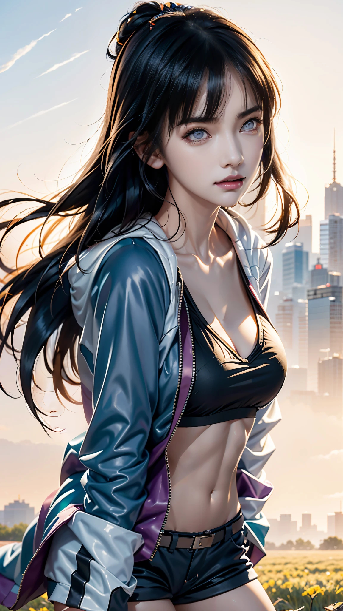 anime girl with long black hair and a hoodie standing in a field, hinata hyuga, black haired girl wearing hoodie, hinata hyuga from naruto, anime moe artstyle, nico robin, by Jin Homura, (anime girl), anime best girl, an anime girl, smooth anime cg art, beautiful anime girl, marin kitagawa fanart