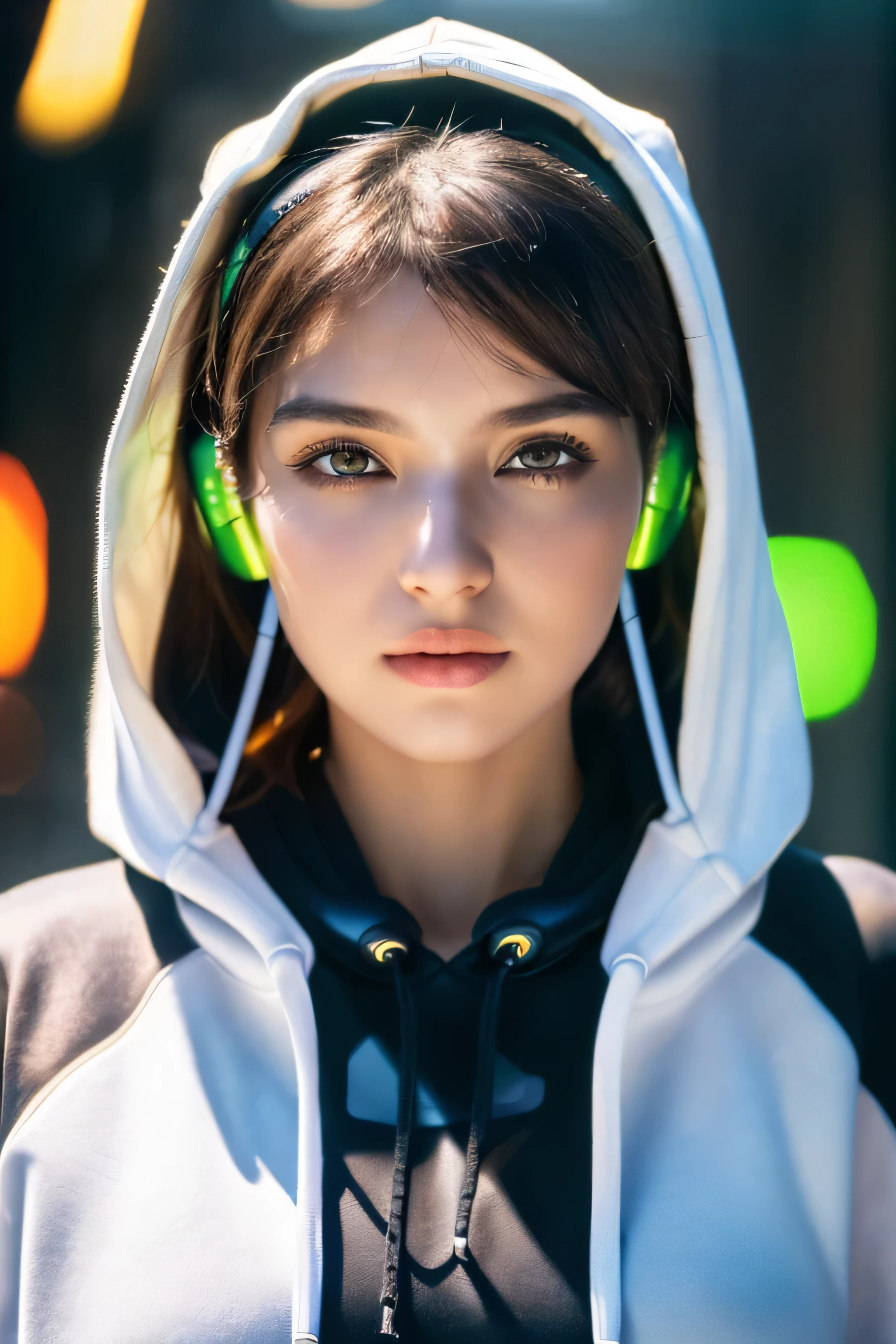 (Best Quality, Masterpiece, Ultra High Definition, High resolution, highly detailed, High Definition Face, clear pictures, HDR:1.5), (20-year-old woman:1.3), (eyes be visually in focus:1.4), (film photography style:1.5), (background neon sign, neon color fashion, cyberpunk, Beautiful woman wearing a hoodie and headphones around her neck:1.5), Slim Big Breasts, huge Breasts, short cut hair, (Glossy, highly fine breasts, shiny skin), highly detailed facial and skin texture, (beautiful eyes, light in the eyes, detailed eyes:1.2), clean face, white skin, very Fair skin