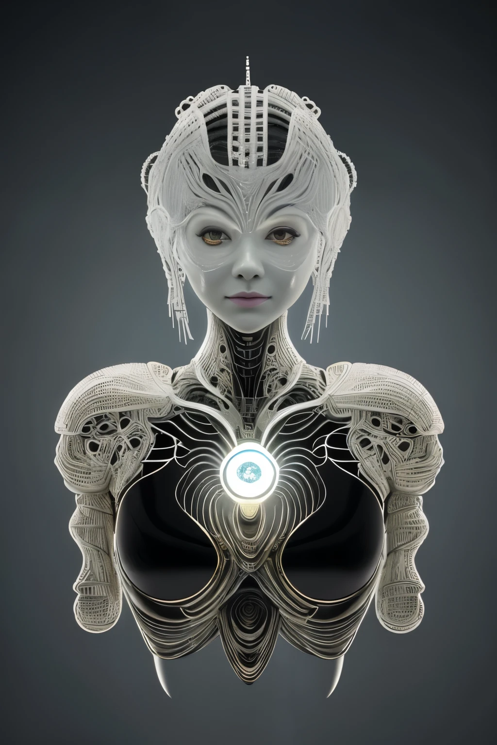 Intricate 3d rendering of highly detailed beautiful ceramic silhouette female robot face, ciborgue, robot parts, 150mm, beautiful studio soft light, Luz de aro, detalhes vibrantes, ciberpunk de luxo, RENDA, surreal, Anatomia , facial muscles, fios de cabo, microchips, elegance, fundo bonito, Octane rendering, Estilo HR Giger, 8k, melhor qualidade, obra de arte, illustration, Muito delicado e lindo, muito detalhado, CG, uniforme, papel de parede, ( fidelidade, fidelidade: 1.37), splendid, detalhe fino, obra de arte, melhor qualidade, arte oficial, Papel de parede CG Unity 8K muito detalhado, absurdo, Inacreditavelmente absurdoo, robot, capacete prateado, corpo todo, sentar e escrever