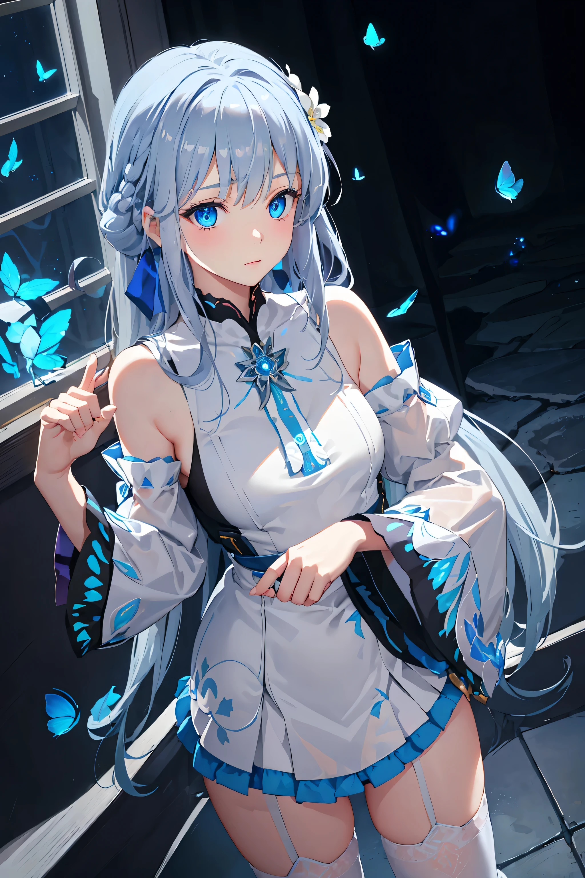 (Overhead view),dynamic angle,ultra-detailed, illustration, close-up, straight on, 1girl, (fantasy:1.4), (azure blue eyes:1.233),Her eyes shone like dreamy stars,(glowing eyes:1.233),(beautiful and detailed eyes:1.1),(Silver hair:1.14),(messy hair,very long hair,french braid,hair between eyes,sidelocks), (+(bule hair flower:1.14)),(chiffon dress,bule flower pattern in uniform)/=(military uniform:1.24),(detached sleeves,wide sleeves),(fingerless gloves),choker,(miko thighhighs),High heeled boots,(expressionless,closed mouth),(standing), (classical Princess boudoir with dressing tableand french windowin a white ancient palaces),(white flowers,bloom),(abysmal sea),(flowing water),(a dull blue world tree:1.14),(ruins),(night:1.2),dreamy,soul,(fluorescence),(flying translucent blue butterflies:1.15), [[delicate fingers and hands:0.55]::0.85],(detail fingers),(yubao:0.5),