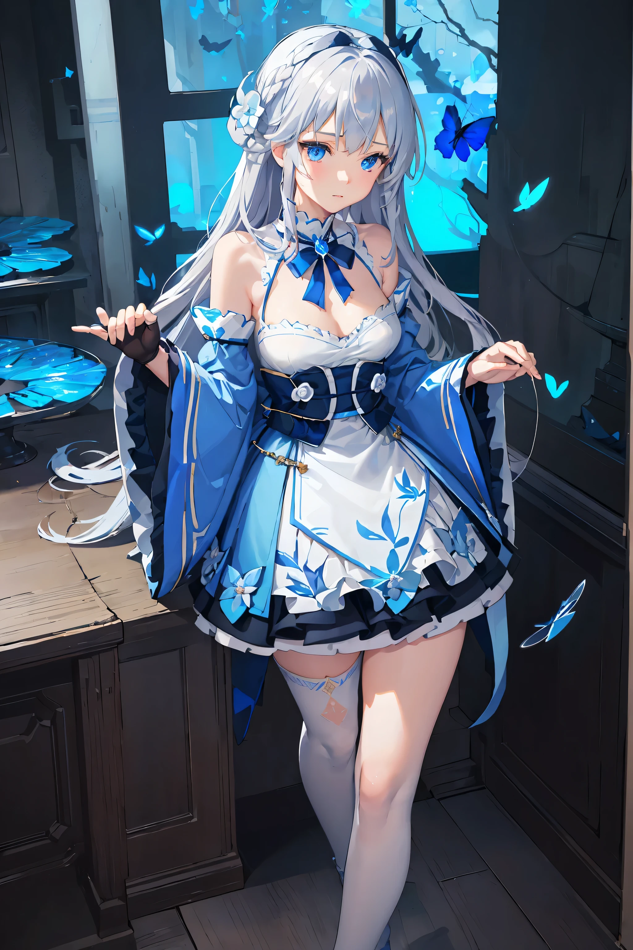 (Overhead view),dynamic angle,ultra-detailed, illustration, close-up, straight on, 1girl, (fantasy:1.4), (azure blue eyes:1.233),Her eyes shone like dreamy stars,(glowing eyes:1.233),(beautiful and detailed eyes:1.1),(Silver hair:1.14),(messy hair,very long hair,french braid,hair between eyes,sidelocks), (+(bule hair flower:1.14)),(chiffon dress,bule flower pattern in uniform)/=(military uniform:1.24),(detached sleeves,wide sleeves),(fingerless gloves),choker,(miko thighhighs),High heeled boots,(expressionless,closed mouth),(standing), (classical Princess boudoir with dressing tableand french windowin a white ancient palaces),(white flowers,bloom),(abysmal sea),(flowing water),(a dull blue world tree:1.14),(ruins),(night:1.2),dreamy,soul,(fluorescence),(flying translucent blue butterflies:1.15), [[delicate fingers and hands:0.55]::0.85],(detail fingers),(yubao:0.5),