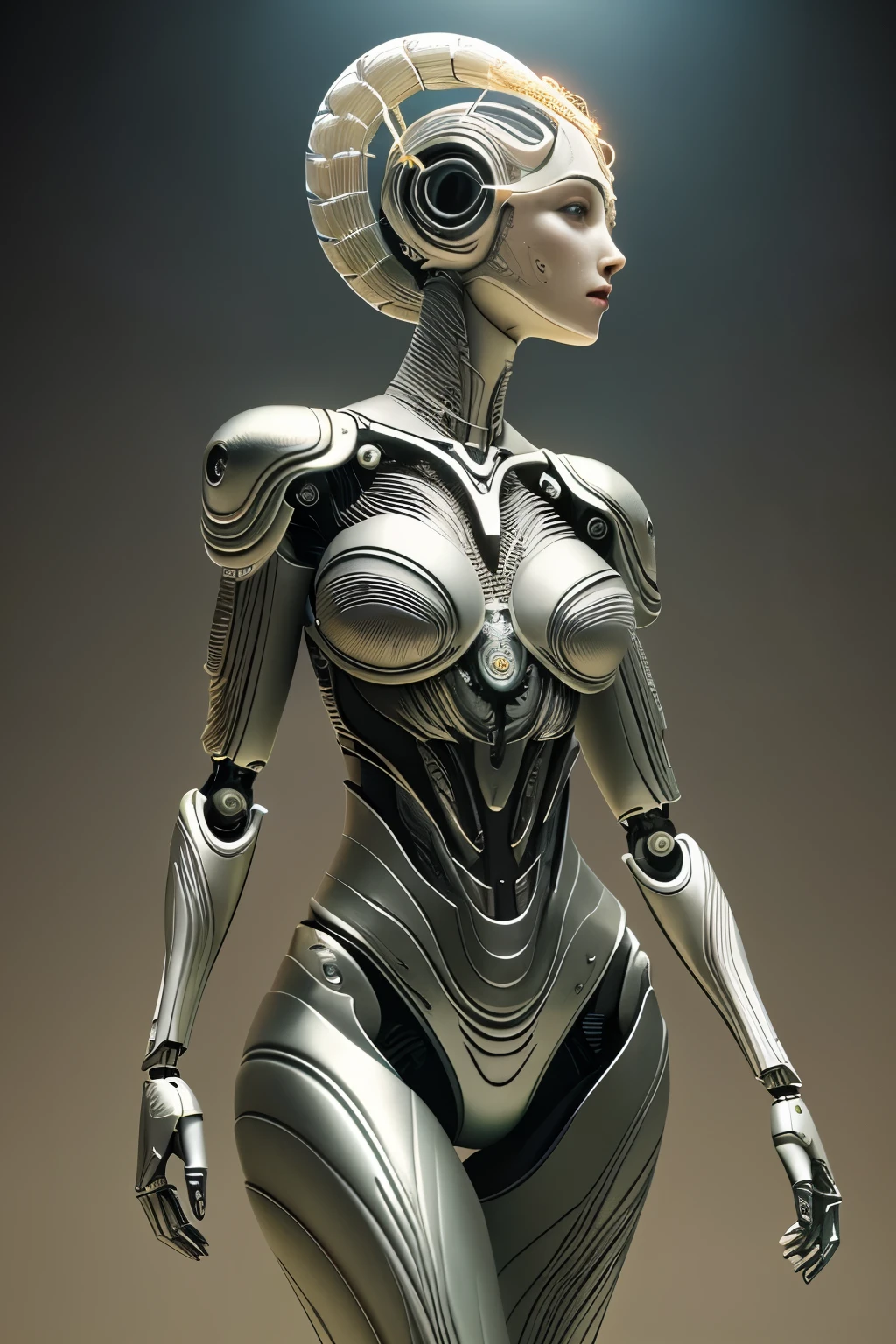 Portraid, Intricate 3d rendering of highly detailed beautiful ceramic female robot, ciborgue, robot parts, 150mm, beautiful studio soft light, Luz de aro, detalhes vibrantes, ciberpunk de luxo, RENDA, surreal, Anatomia , facial muscles, fios de cabo, microchips, elegance, fundo bonito, Octane rendering, Estilo HR Giger, 8k, melhor qualidade, obra de arte, illustration, Muito delicado e lindo, muito detalhado, realista, uniforme, ( fidelidade, fidelidade: 1.37), splendid, detalhe fino, obra de arte, melhor qualidade, arte oficial, Papel de parede realista Unity 8K muito detalhado, absurdo, Inacreditavelmente absurdoo, robot, capacete prateado, corpo todo, sentar e escrever