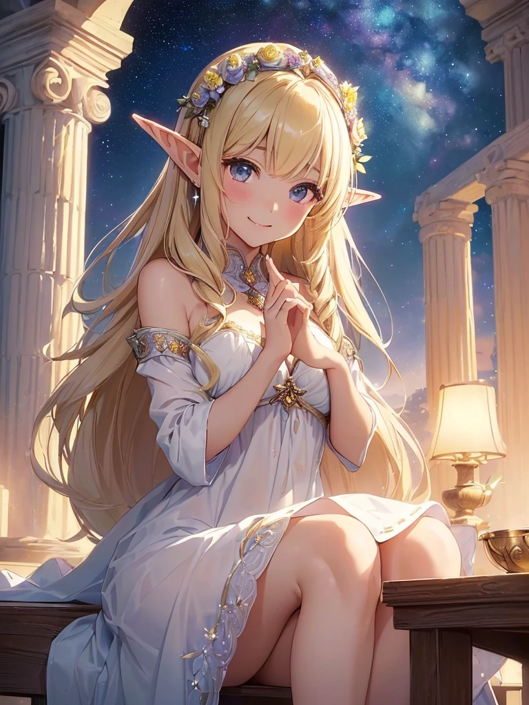 highest quality、Highest image quality、masterpiece、Super beautiful elf parent and child beauty((22 years old OL big bust、Bust 98,beautiful long ironed hair、blonde、elf ears、goddess、nice buddy、slender、Close-up、Esbian、High quality、beautiful art、background starry sky、、beautiful sky、palace of light,muste piece、visual art、Depth of bounds written、、magic of light、space knight、A happy smile、gentle light、、Beautiful legs that are gentle on the skin、Beautiful decoration、、Number of fingers to achieve precise finger movements、ティッカーBeautiful decoration的な、elegant、mystical rosa、 beautiful dressy、、、renaissanceアート、friendly smile、beautiful dress、mediterranean、Home Road、beautiful flower、wood、leaf、,、beautiful natural magic light、Byzantine、renaissance、Rose