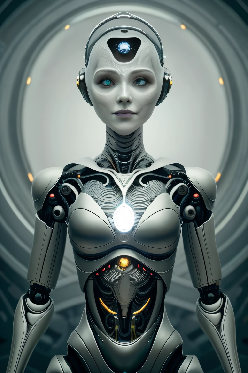 Portraid, Intricate 3d rendering of highly detailed beautiful ceramic female robot, ciborgue, robot parts, 150mm, beautiful studio soft light, Luz de aro, detalhes vibrantes, ciberpunk de luxo, RENDA, surreal, Anatomia , facial muscles, fios de cabo, microchips, elegance, fundo bonito, Octane rendering, Estilo HR Giger, 8k, melhor qualidade, obra de arte, illustration, Muito delicado e lindo, muito detalhado, realista, uniforme, ( fidelidade, fidelidade: 1.37), splendid, detalhe fino, obra de arte, melhor qualidade, arte oficial, Papel de parede realista Unity 8K muito detalhado, absurdo, Inacreditavelmente absurdoo, robot, capacete prateado, corpo todo, sentar e escrever