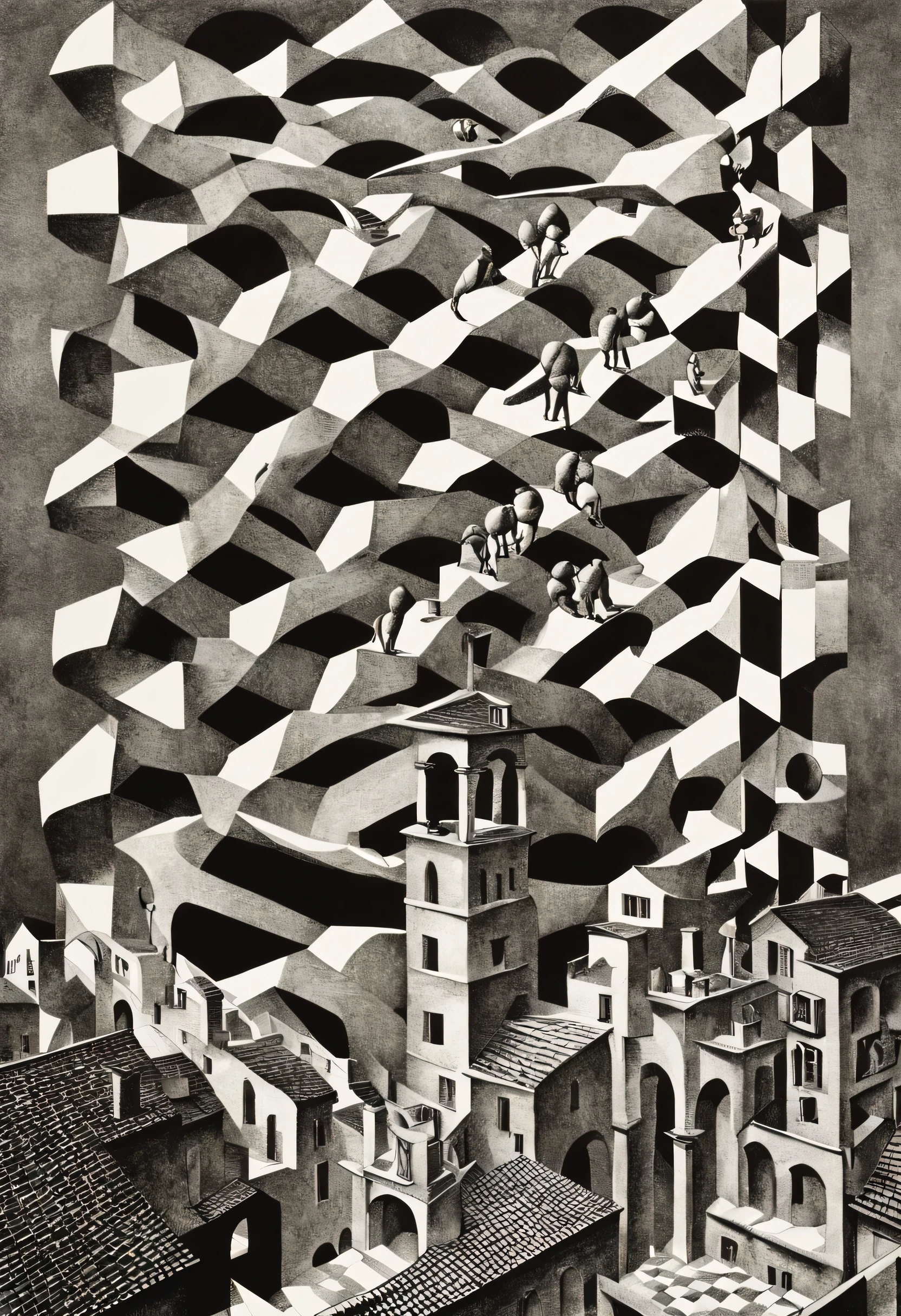 A mysterious nod to Escher&#39;s work:1.2, This artwork blurs the boundaries of realism:1.1 and abstraction:1.1, Transform geometric shapes:1.1 Toward a surreal and paradoxical landscape:1.2. , Escher&#39;s art, 