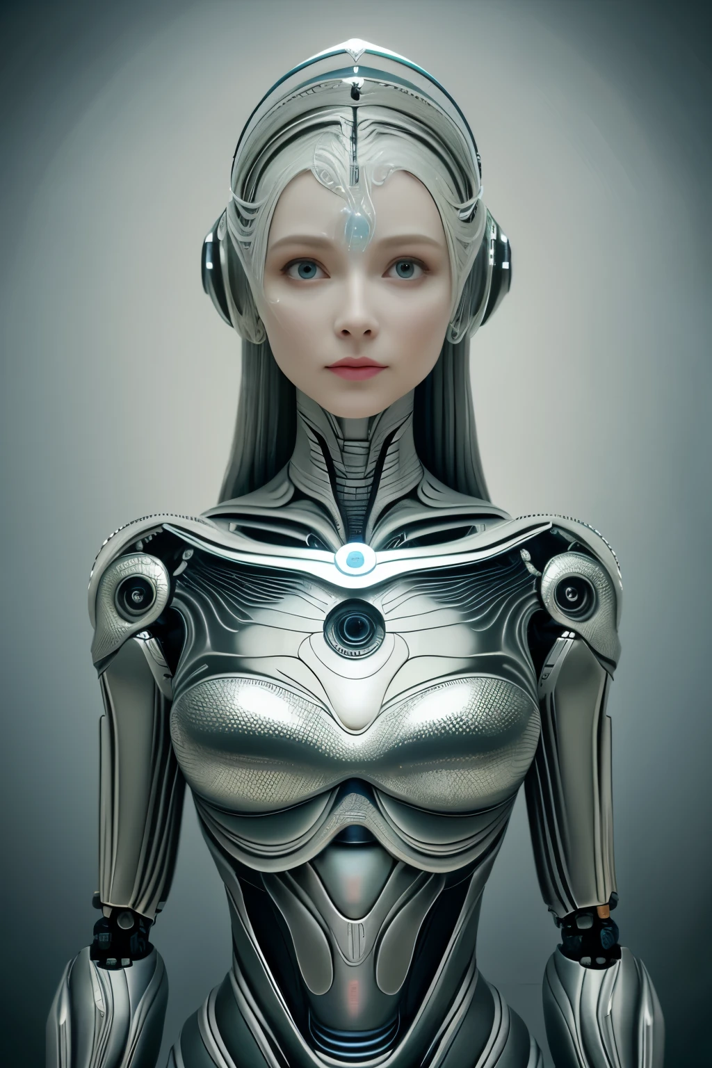 Portraid, Intricate 3d rendering of highly detailed beautiful ceramic female robot, ciborgue, robot parts, 150mm, beautiful studio soft light, Luz de aro, detalhes vibrantes, ciberpunk de luxo, RENDA, surreal, Anatomia , facial muscles, fios de cabo, microchips, elegance, fundo bonito, Octane rendering, Estilo HR Giger, 8k, melhor qualidade, obra de arte, illustration, Muito delicado e lindo, muito detalhado, realista, uniforme, ( fidelidade, fidelidade: 1.37), splendid, detalhe fino, obra de arte, melhor qualidade, arte oficial, Papel de parede realista Unity 8K muito detalhado, absurdo, Inacreditavelmente absurdoo, robot, capacete prateado, corpo todo, sentar e escrever