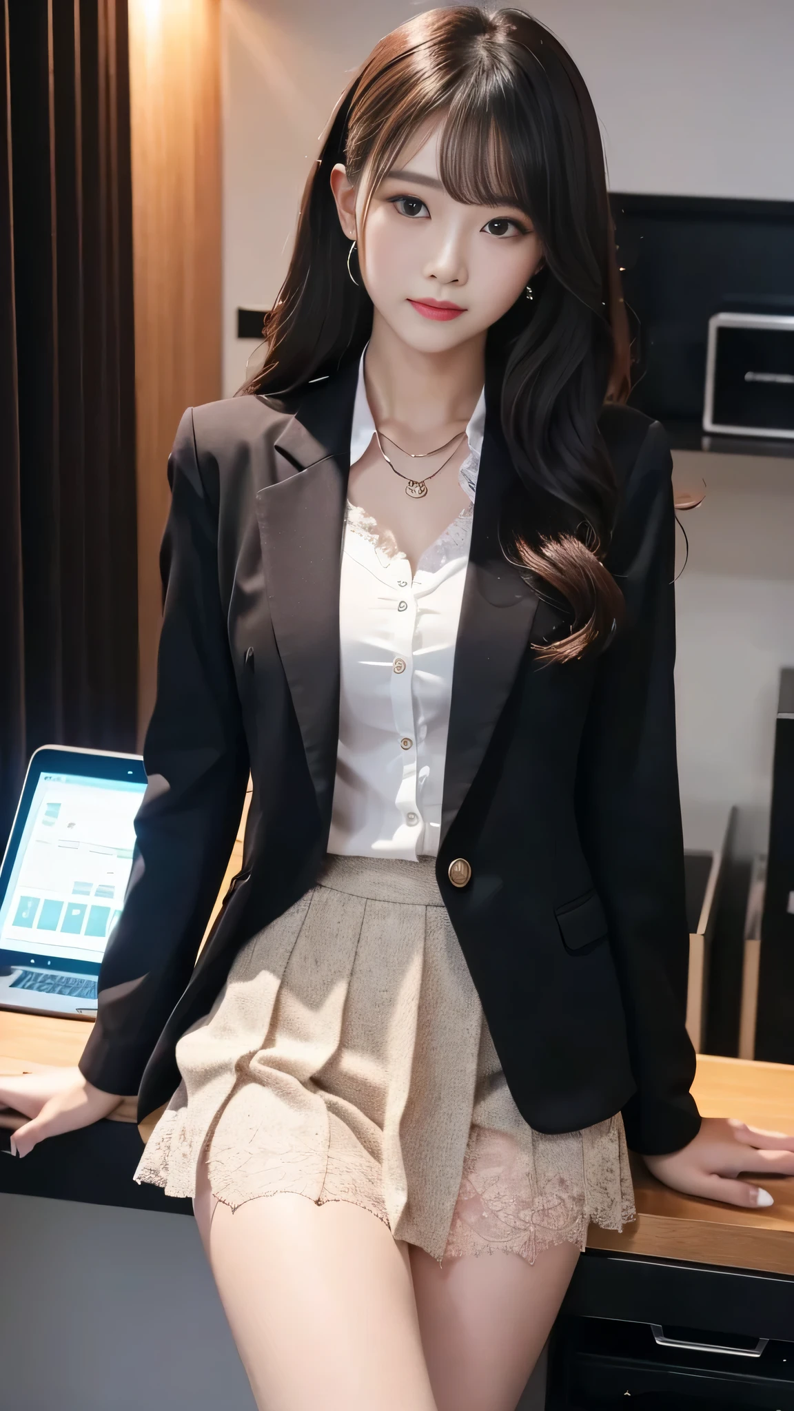Super detailed、Japanese、charming beauty、Dainty woman、sharp eyes、cool girl、wavy hair、suit、Jacket、blouse、Tight Skirt、black pantyhose、evil female executive、evil depravity、brainwashing、Mind control、lacy fabric、Shiny legs、lipstick、have lip gloss、grin、邪evilなな表情、evil、empty eyes、邪evilな、in the darkroom、lure、meanwhile、lie face up on the operating table
