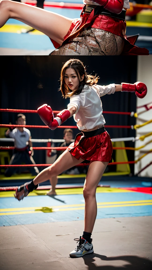 table top, highest quality, Super detailed, finely, High resolution, 8k wallpaper, perfect dynamic composition, whole body,beautiful and detailed eyes,medium hair, natural color lip,smile,(Wearing a brown school blazer uniform,Red Boxing Gloves:1.3),(long hair:1.3), (Front view. drawn action: That girl has to do kickboxing. . video 、when doing a high kick, Need to convey a sense of dynamic movement:1.4),(The wind blows and lifts up my brown skirt,I can see your pants:1.3)16 year old girl,(whole body:1.3)