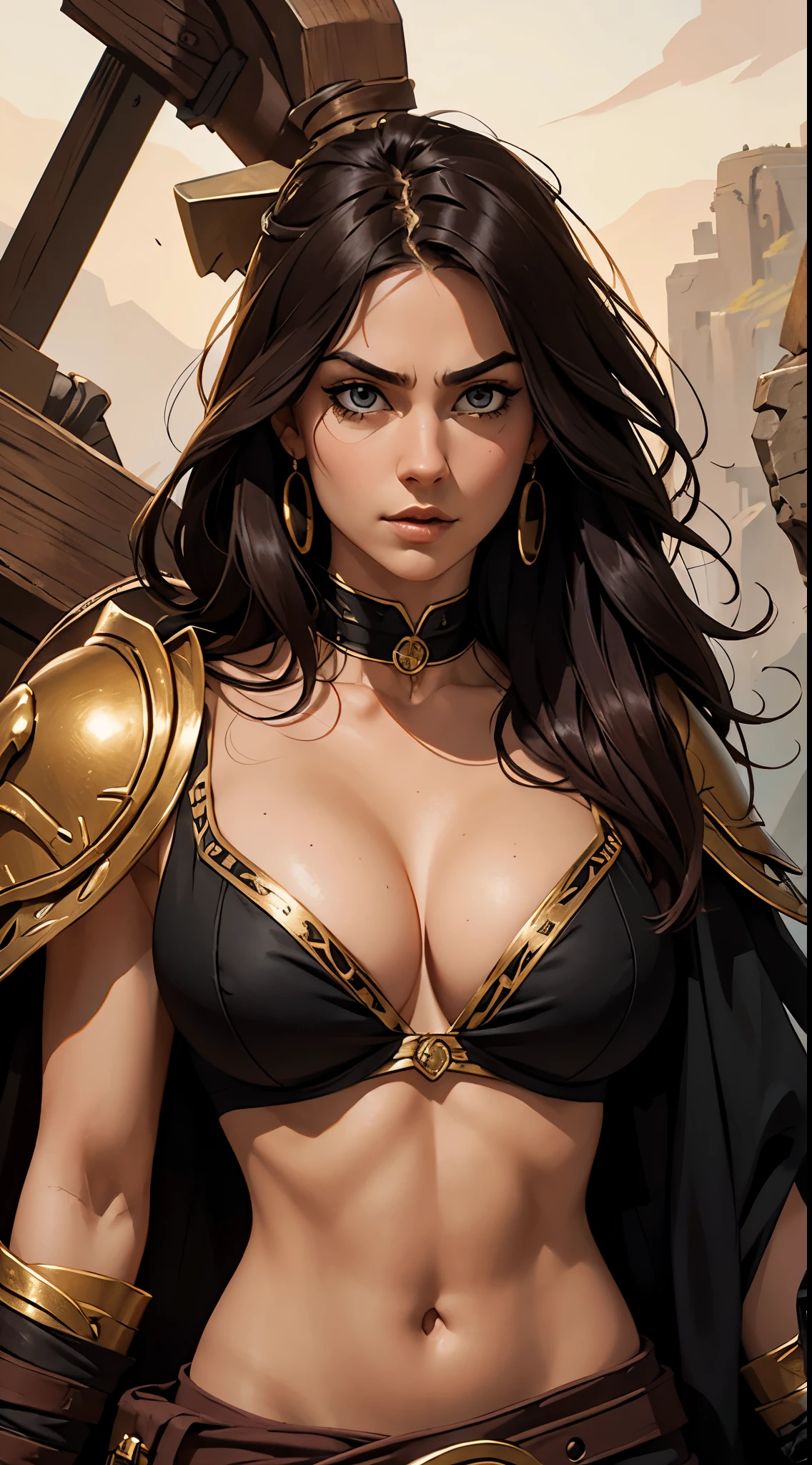 (masterpiece), best quality, expressive eyes, perfect face, detailed eyes, dark fantasy,, barbarian warrior, cleavage, black and gold  outfit, massive snoopy breast, badass woman, sensual , 