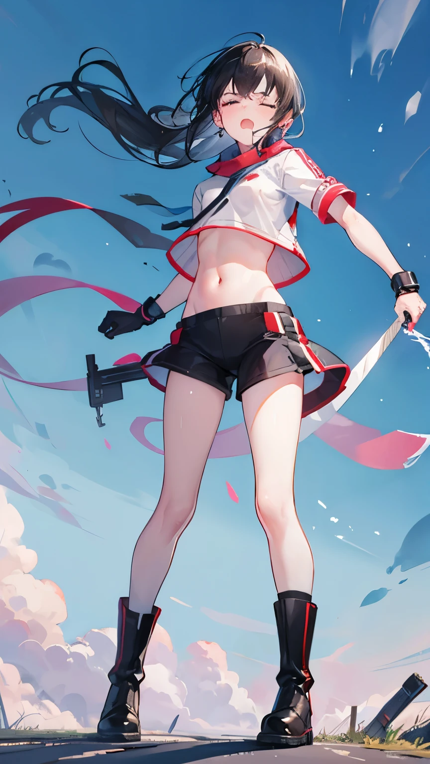 masterpiece, 1girl, cheer leader, sexy,sensual,defined abdomen, pussy, vulva, no panties,skirt, red clothes BREAK perfect face,expressive eyes,happy, exausted,sweat