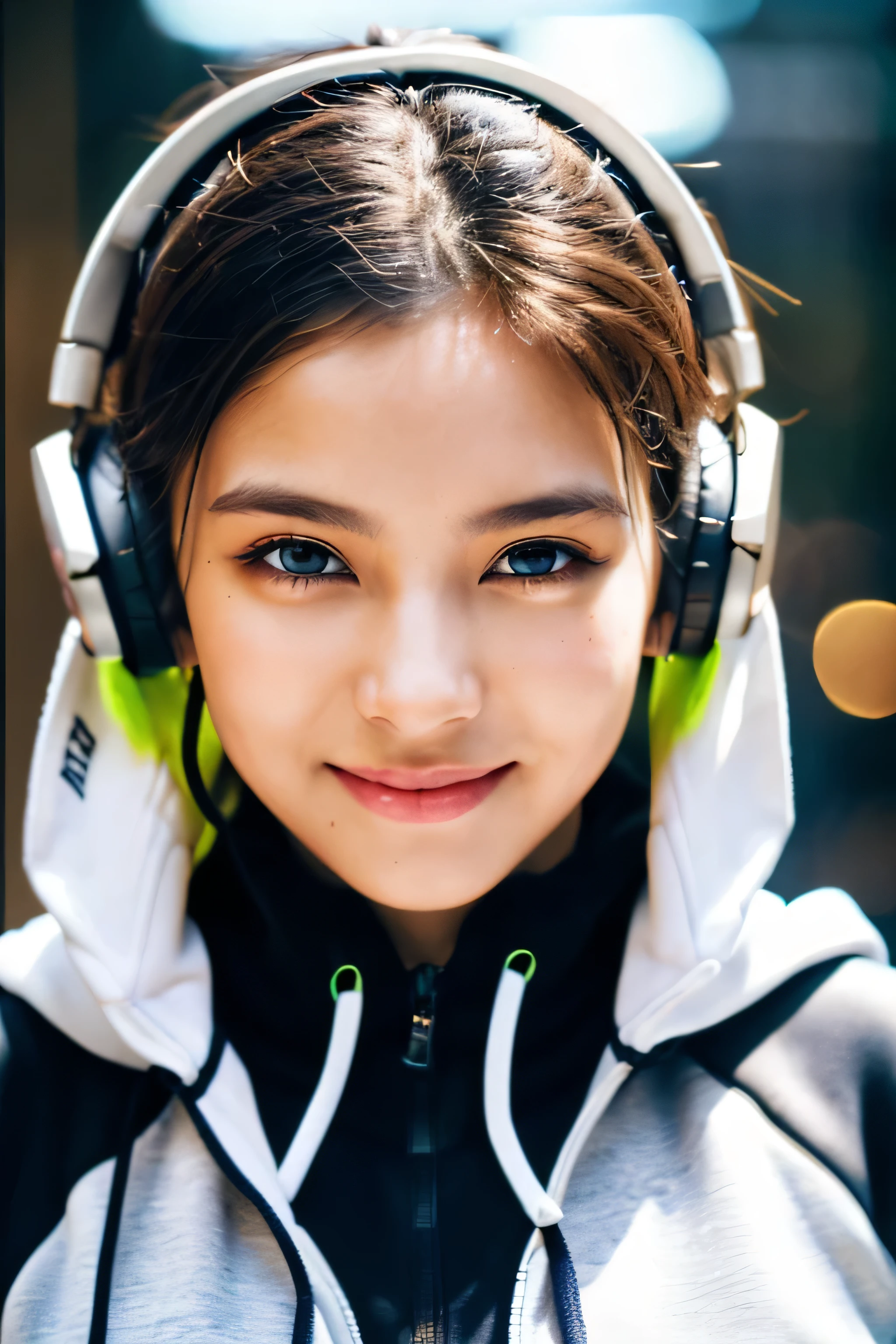 (Best Quality, Masterpiece, Ultra High Definition, High resolution, highly detailed, High Definition Face, clear pictures, HDR:1.5), (20-year-old woman:1.3), (eyes be visually in focus:1.4), (film photography style:1.5), (background neon sign, neon color fashion, cyberpunk beauty, Beautiful woman wearing a hoodie and headphones around her neck:1.5), (Glossy, highly fine breasts, shiny skin), highly detailed facial and skin texture, (beautiful eyes, light in the eyes, detailed eyes), clean face, white skin, very Fair skin, very smile