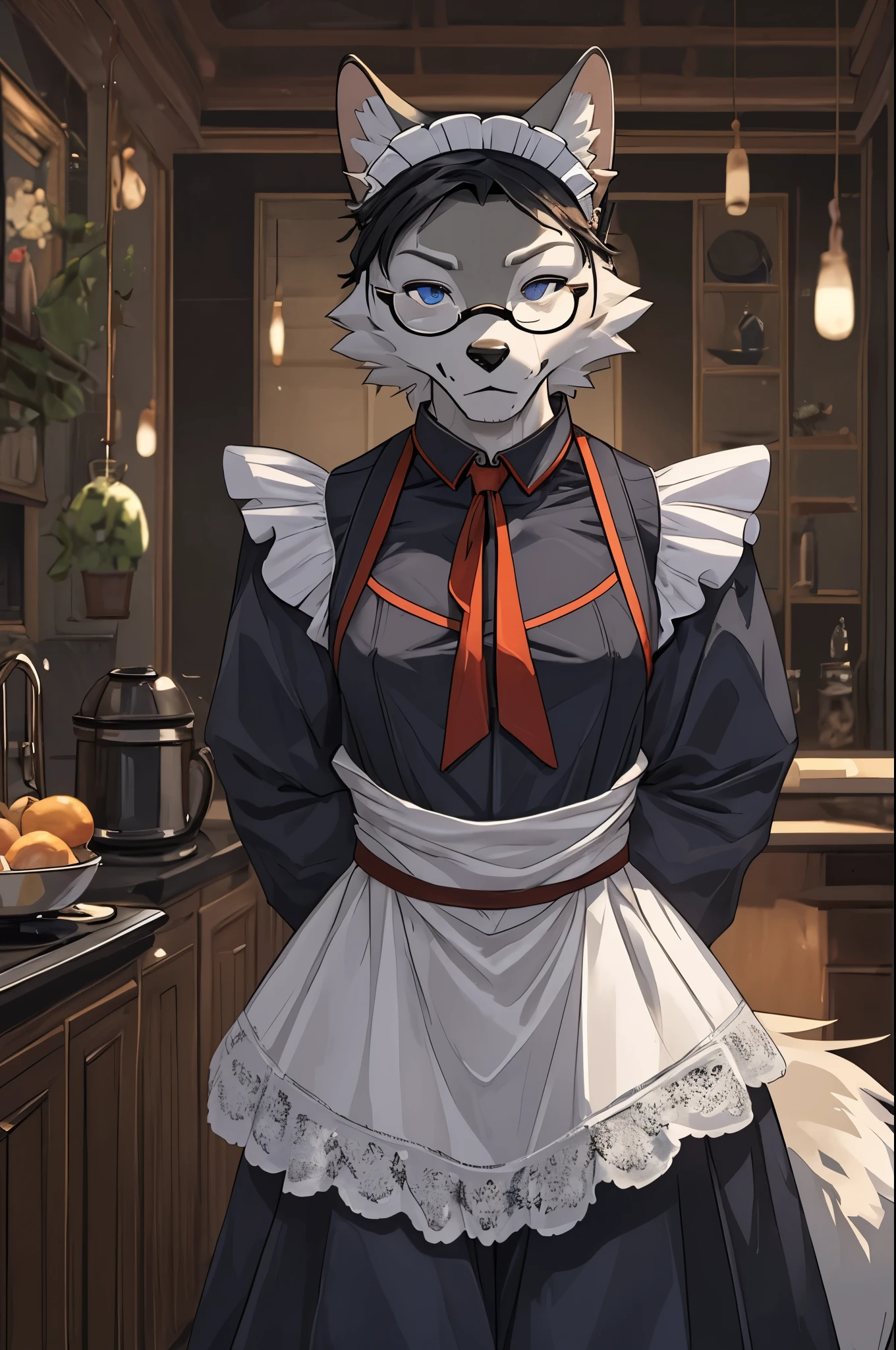grey wolf furry,glasses,maid apron,anthro,upper body,portrait,anime style