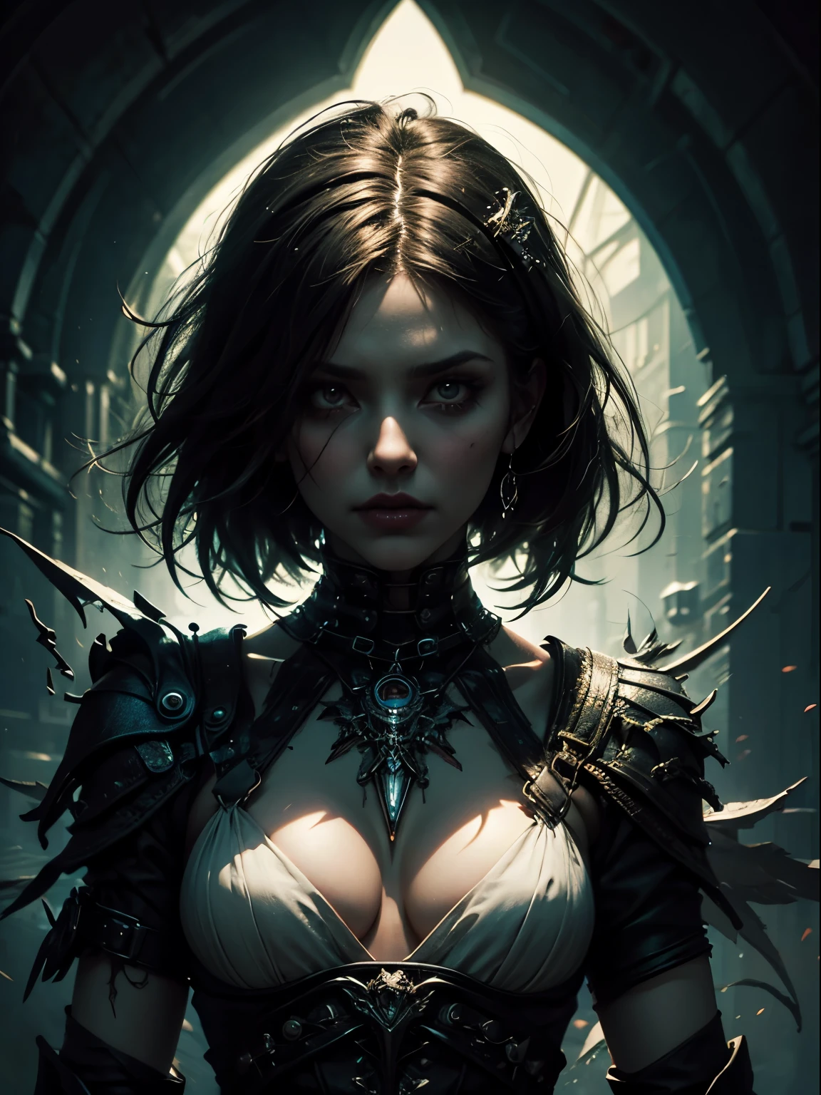 Chronicles of the Necromancer Woman of Riddick, Heavy Gothic Makeup, Dark chiaroscuro gothic cyberpunk city background, Arte conceptual oscuro fotorrealista, Gothic Babylonian (ciberpunk) doncella, angry beautiful gothic cyberpunk , Dark fantasy science fiction, hyperdetailed fantasy character, fantasy concept art portrait, retrato de una mujer Necromonger, Stefan Gesell, estilo de terror ciberpunk, dark fantasy character design, Arte conceptual 4K e hiperrealismo