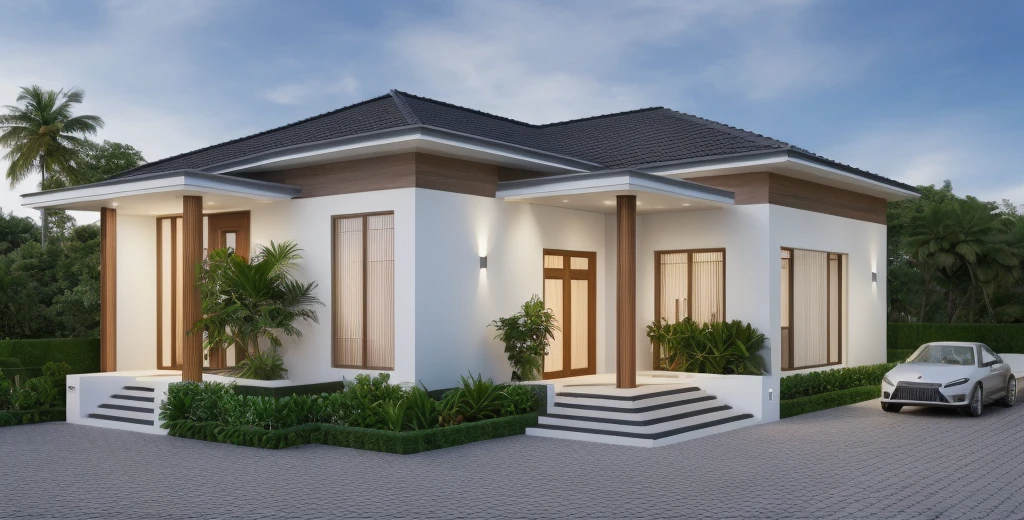 1 main wood door, many glass door, concrete, wood wall,white, modern villa, palm, plant, beautiful sky, wood facade, architecture, beautiful, masterpiece, best quality, super detailed, realistic, photorealistic, 8k, sharp focus, droste effect photography, macro photography