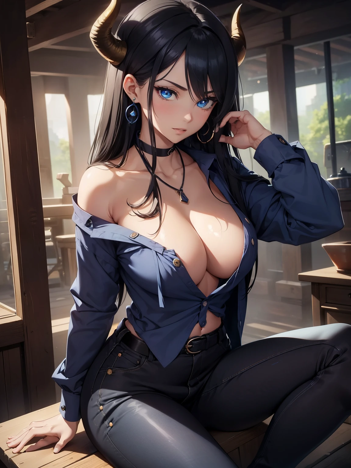 (best quality, 4k, 8k, highres, masterpiece:1.2), ultra-detailed, detailed face, detailed lips and eyes, attractive appearance, expressive face, ((anime art style)), (pixiv:1.3), BREAK Lotan beautiful caucasian woman with straight long black hair,blue eyes,fair skin,voluptuous,detailed lips and eyes,expressive face,attractive appearance,dragon horns on the head, BREAK (indigo theme:1.4), (tucked out and button-up oversized indigo collared-shirt with indigo shirt-hem:1.5), (long sleeves:1.2), ((collarbone, wrist):1.3), BREAK (khaki theme:1.2), (khaki tight long-pants:1.2), (ankle:1.3), (black high heels:1.2), ((necklace, earrings):1.2) BREAK ((1girl)), (black horns), cleavage, dynamic angle, dynamic pose, looking at viewer, BREAK detailed, perfect fingers, perfect hands, detailed perfect face, intense blushing, tall female, smirk, beautiful detailed glowing deep blue eyes, arrogant caring slightly shy and slutty expression, (solo:1.2), horny