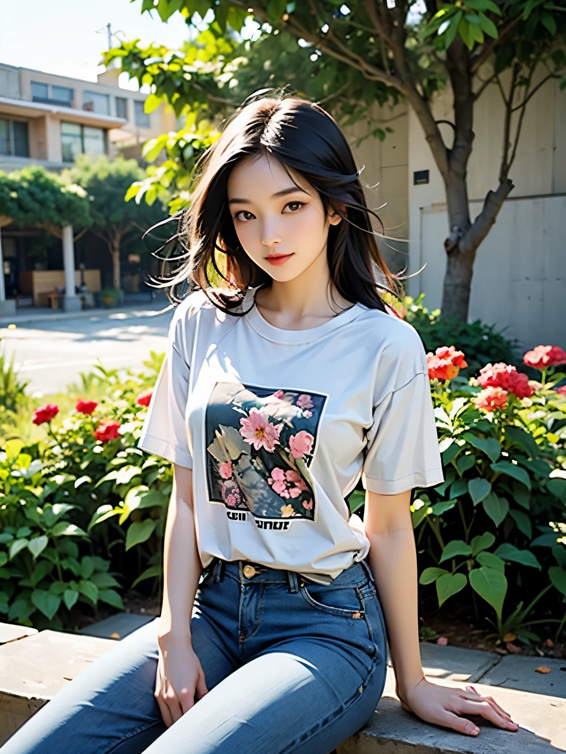 Create an image of an Asian woman wearing a t-shirt and jeans facing the viewer. Surrounded by flower gardens, natural light