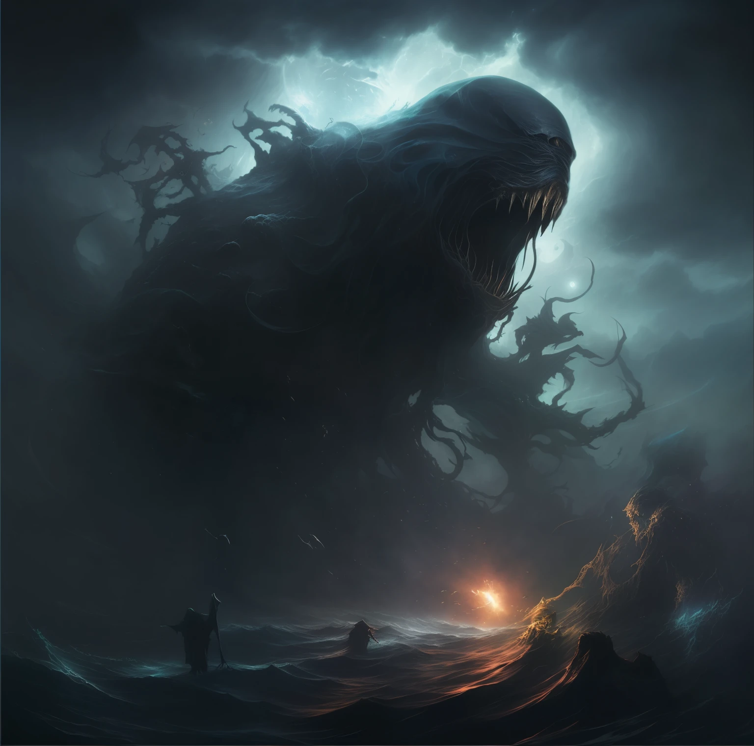 dementor attacking a man in a dark sea with a light, an ominous fantasy illustration, inspired by Aleksi Briclot, dan mumford tom bagshaw, beksinski and dan mumford, by Aleksi Briclot, dark fantasy illustration, cosmic horror concept art, dark fantasy artwork, fantasy horror art, epic fantasy sci fi illustration, dark fantasy horror art