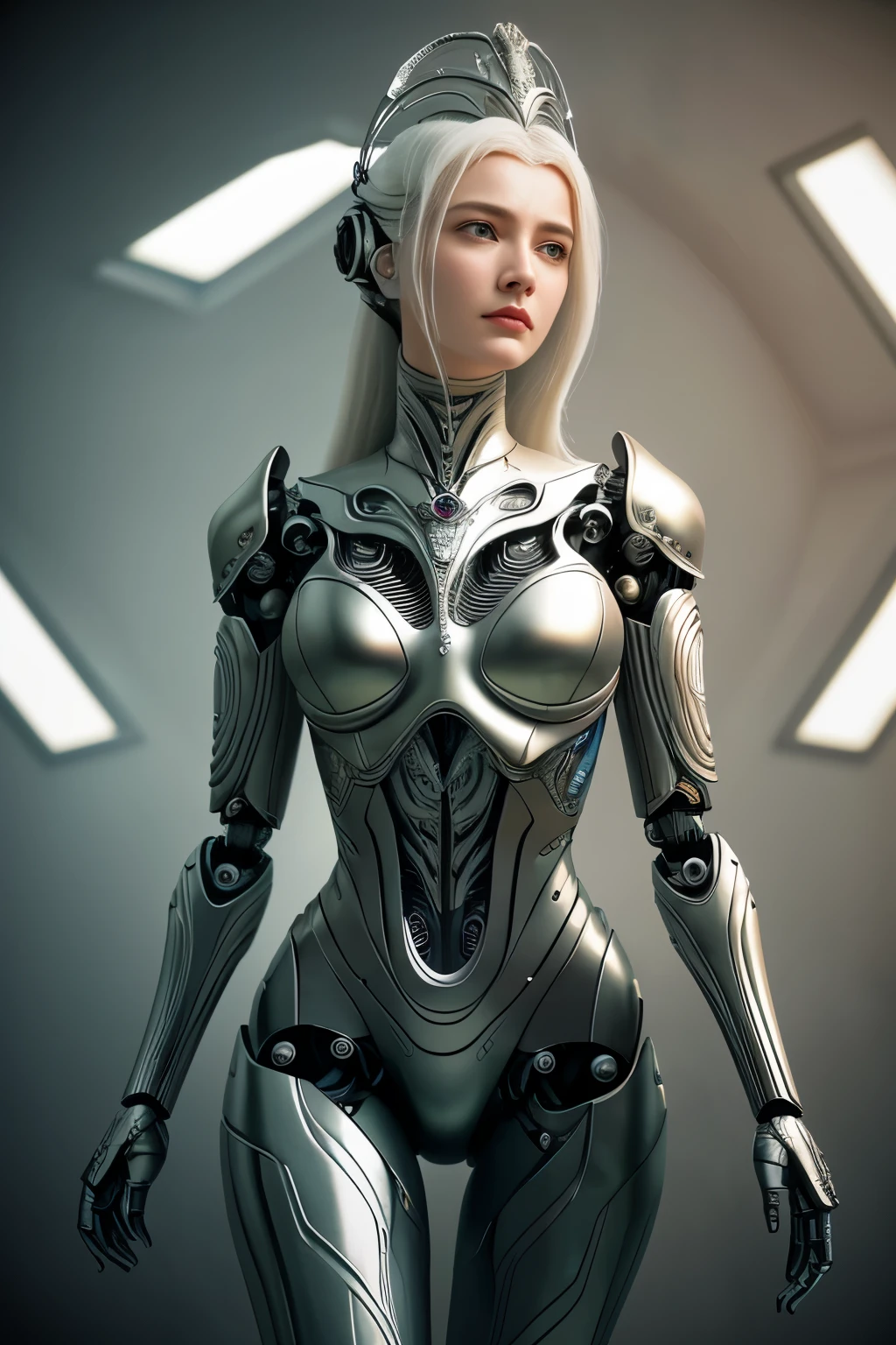 Portraid, Intricate 3d rendering of highly detailed beautiful ceramic female robot, ciborgue, robot parts, 150mm, beautiful studio soft light, Luz de aro, detalhes vibrantes, ciberpunk de luxo, RENDA, surreal, Anatomia , facial muscles, fios de cabo, microchips, elegance, fundo bonito, Octane rendering, Estilo HR Giger, 8k, melhor qualidade, obra de arte, illustration, Muito delicado e lindo, muito detalhado, realista, uniforme, ( fidelidade, fidelidade: 1.37), splendid, detalhe fino, obra de arte, melhor qualidade, arte oficial, Papel de parede realista Unity 8K muito detalhado, absurdo, Inacreditavelmente absurdoo, robot, capacete prateado, corpo todo, sentar e escrever