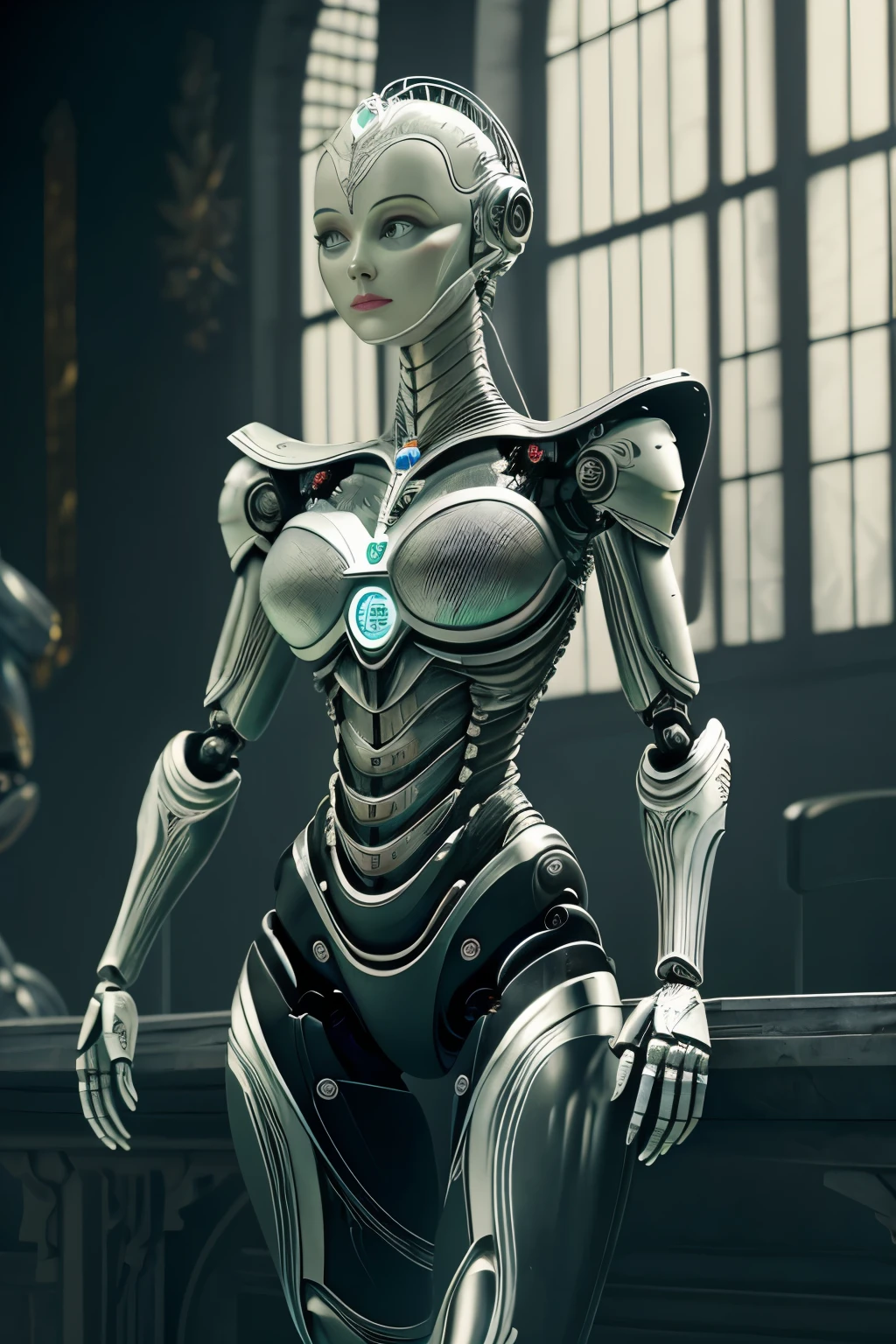 Portraid, Intricate 3d rendering of highly detailed beautiful ceramic female robot, ciborgue, robot parts, 150mm, beautiful studio soft light, Luz de aro, detalhes vibrantes, ciberpunk de luxo, RENDA, surreal, Anatomia , facial muscles, fios de cabo, microchips, elegance, fundo bonito, Octane rendering, Estilo HR Giger, 8k, melhor qualidade, obra de arte, illustration, Muito delicado e lindo, muito detalhado, realista, uniforme, ( fidelidade, fidelidade: 1.37), splendid, detalhe fino, obra de arte, melhor qualidade, arte oficial, Papel de parede realista Unity 8K muito detalhado, absurdo, Inacreditavelmente absurdoo, robot, capacete prateado, corpo todo, sentar e escrever