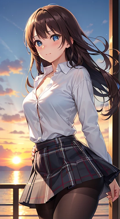 ((masterpiece, best quality, high resolution, ultra high definition, Pixel perfect, depth of field, 4K, RTX, human development report))), 1 girl, single, alone, sexy anime girl, beautiful art style, anime characters,see whole body, ((long hair, Bangs, brown hair)), ((blue eyes:1.4, round eyes, beautiful eyelashes, realistic eyes)), ((Detailed face, blush:1.2)), ((smooth texture:0.75, lifelike质感:0.65, lifelike:1.1, Anime CG style)), medium breasts, dynamic angle, Perfect body, ((portrait, Throw)), ((White shirt, black skirt, Plaid skirt, Black tights)),contented smile, Unbutton your shirt with both hands,(The wind blew over the skirt,Unbutton your shirt with both hands,exposing her chest),Seaside at night