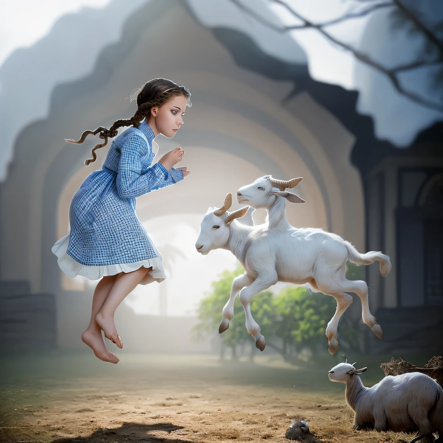 A girl with braids wearing a blue and white checkered dress on top of a white blouse with a bicephalous goat in a dreamworld. Complex composition. Dynamic poses. Realistic photography.