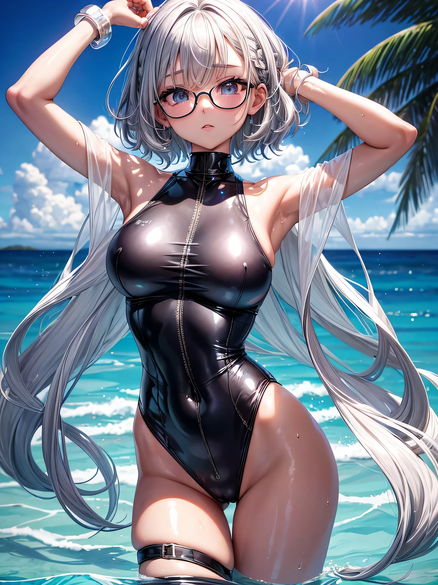 best image quality、8K、UHD、pieces fly、cute eyes、silver hair、Glasses、latex high neck swimwear、latex high neck school swimwear、short hair、短髪のsilver hair美女、Upright Pose、wet skin、