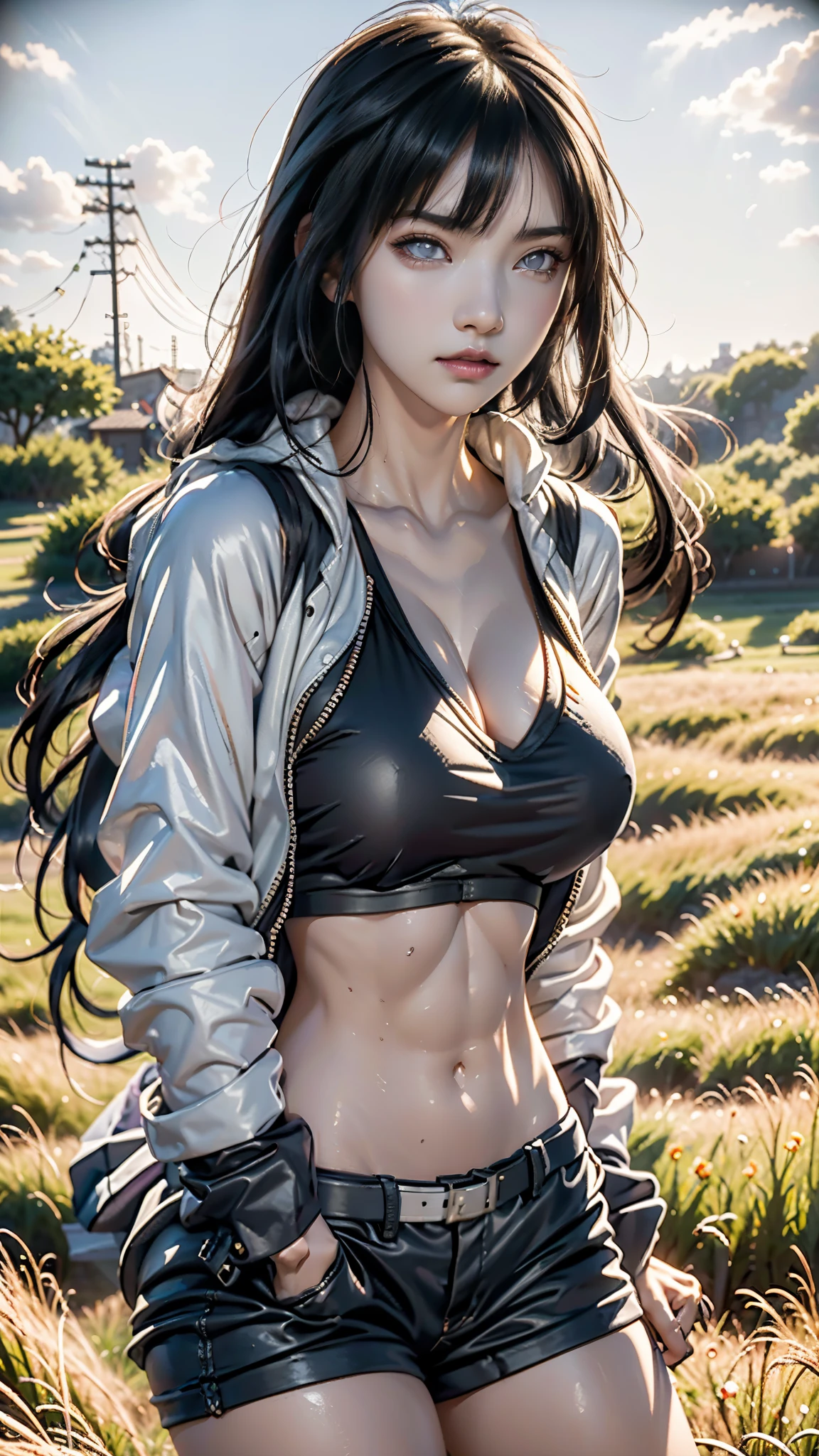anime girl with long black hair and a hoodie standing in a field, hinata hyuga, black haired girl wearing hoodie, hinata hyuga from naruto, anime moe artstyle, nico robin, by Jin Homura, (anime girl), anime best girl, an anime girl, smooth anime cg art, beautiful anime girl, marin kitagawa fanart
