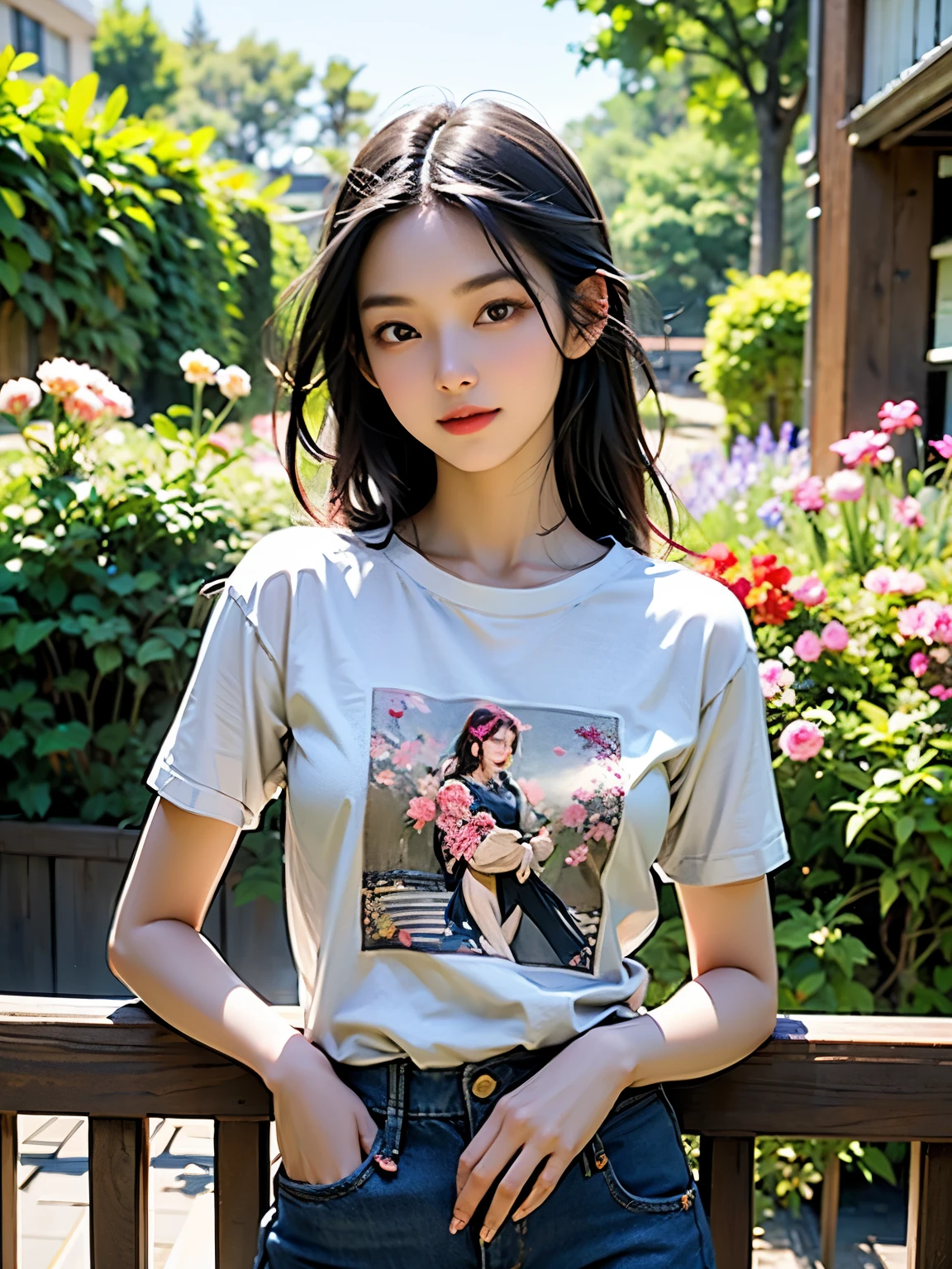 Create an image of an Asian woman wearing a t-shirt and jeans facing the viewer. Surrounded by flower gardens, natural light