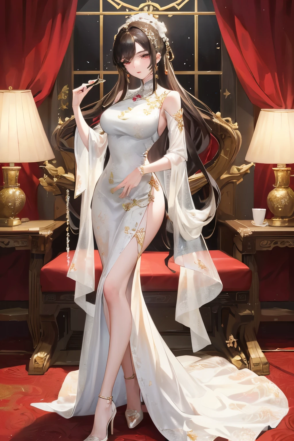 Draw a Chinese woman wearing an exquisite evening dress and high heels, embodying the elegance and sophistication of ancient Chinese aristocracy. Her silk dress, adorned with intricately detailed lotus ornaments, hugs her body perfectly, showcasing the perfect fusion of texture and form. The dress flows gracefully around her, creating a ripple effect as if caught in a gentle breeze. Her high heels, embellished with fine white ribbons, add an alluring touch to her outfit. Her long, dark hair cascades down her back, drawing attention to her beautifully sculpted neck and shoulders. Her face is pale and serene, framed by swept bangs, and her