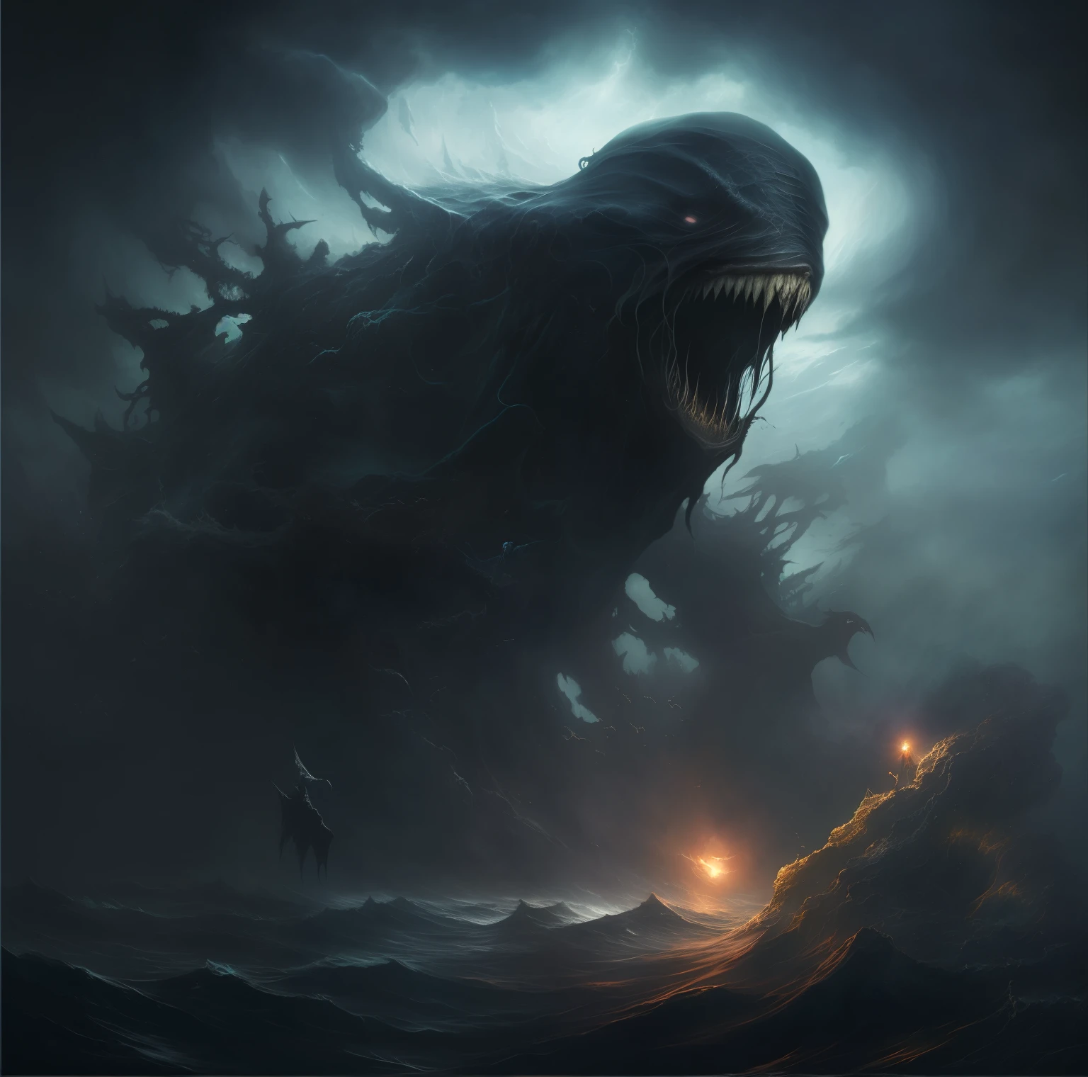 dementor attacking a man in a dark sea with a light, an ominous fantasy illustration, inspired by Aleksi Briclot, dan mumford tom bagshaw, beksinski and dan mumford, by Aleksi Briclot, dark fantasy illustration, cosmic horror concept art, dark fantasy artwork, fantasy horror art, epic fantasy sci fi illustration, dark fantasy horror art