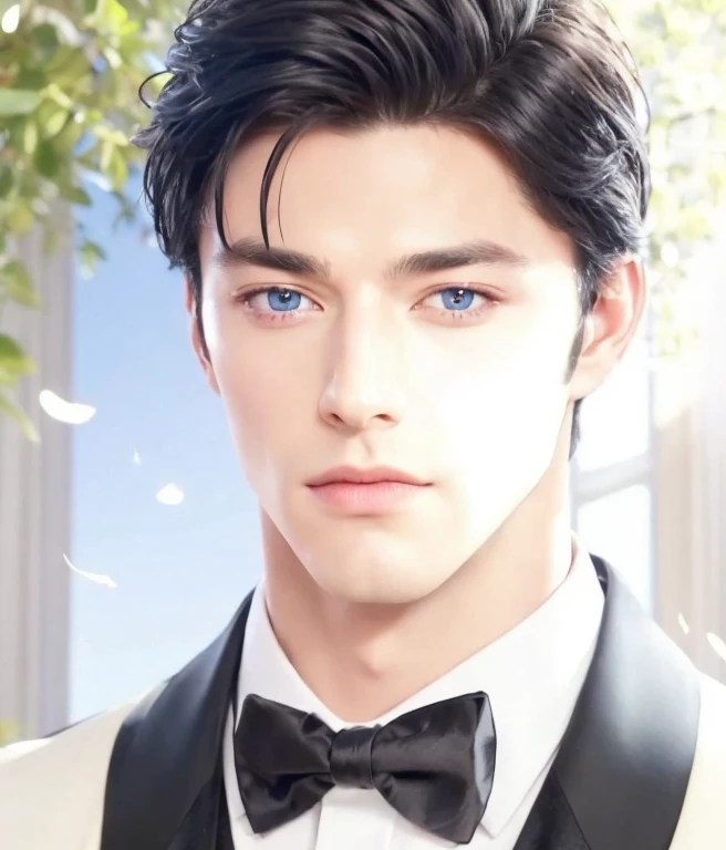 a close up of a man in a tuxedo with a bow tie, delicate androgynous prince, handsome man, handsome prince, handsome stunning realistic, black hair and blue eyes, make the face a bit long and a bit wide, make it manly
