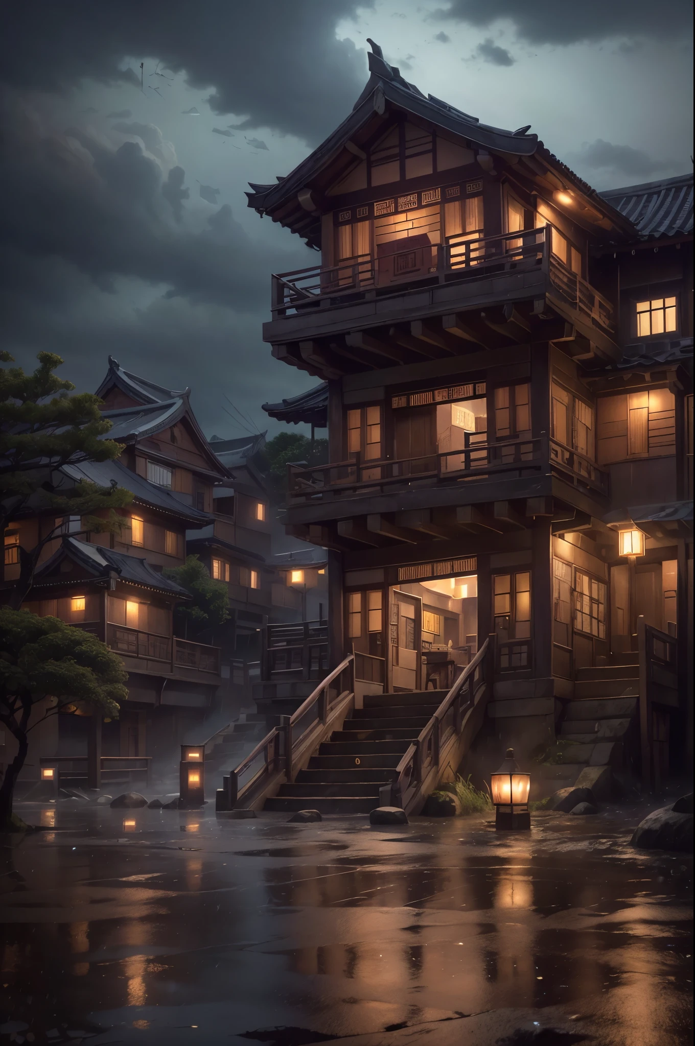 Feder village view，a lot of lights on the buildings，Dream Chinese town，China Village，Stunning wallpapers，Japan Village，surreal photo of a small town，old asian village，(The sky in the distance  covered with dark clouds)，Japan city，Raymond Han，rainy evening, Cyberpunk ancient Chinese castle, well-lit building, Late afternoon，in the rain, Beautiful and beautiful, photography, 灯光, 8K, high detal ((heavy rain poured，Brightly lit，staircase)))