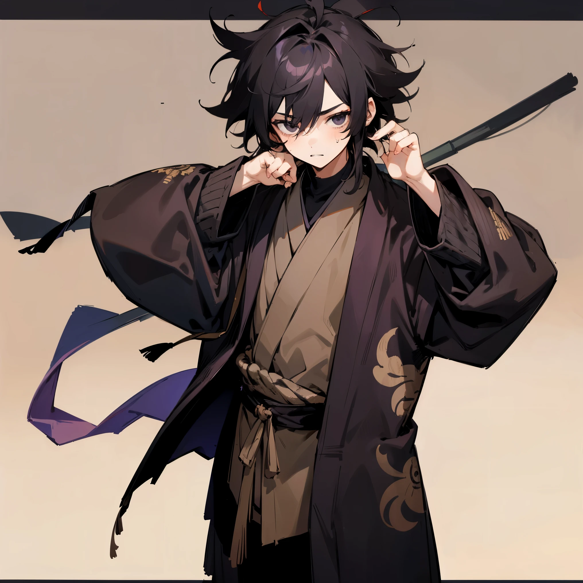 Young Male , Child , Messy Black Hair , Purplish Black Eyes , Tired Expression , Messy Hair , brown haori Jacket , Open Jacket , Ninja Clothing , village background , standing on path