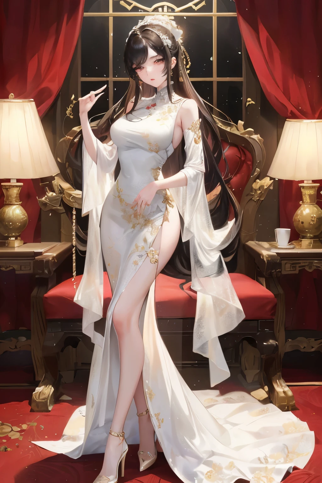 Draw a Chinese woman wearing an exquisite evening dress and high heels, embodying the elegance and sophistication of ancient Chinese aristocracy. Her silk dress, adorned with intricately detailed lotus ornaments, hugs her body perfectly, showcasing the perfect fusion of texture and form. The dress flows gracefully around her, creating a ripple effect as if caught in a gentle breeze. Her high heels, embellished with fine white ribbons, add an alluring touch to her outfit. Her long, dark hair cascades down her back, drawing attention to her beautifully sculpted neck and shoulders. Her face is pale and serene, framed by swept bangs, and her
