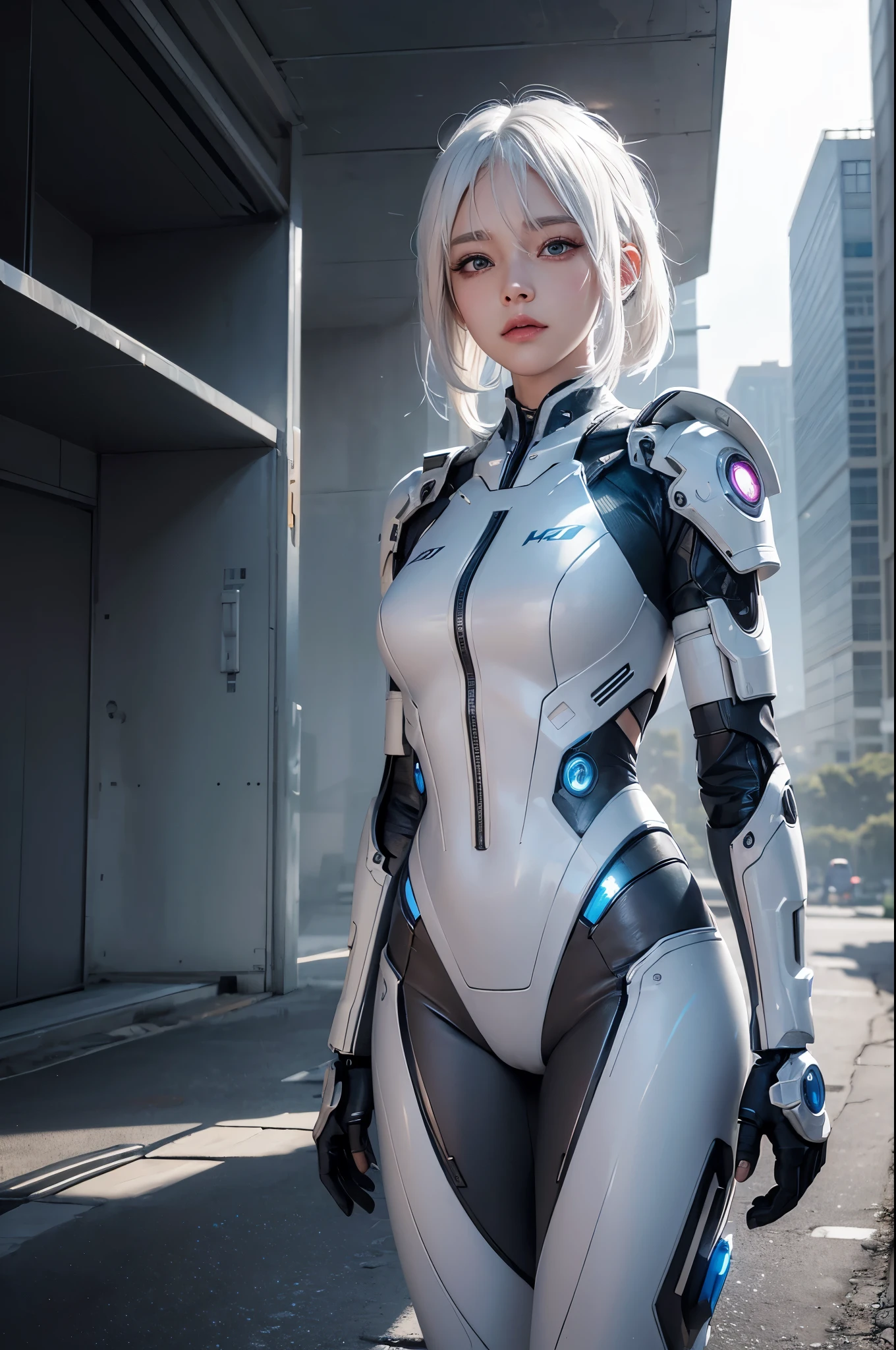 white hair cyborg girl suit ai entertaiment image, at Sunrise, Contemporary, Hopeful, Panfuturism, Dramatic spotlight, lots of details, extremely detailed CG Unity 8k wallpaper