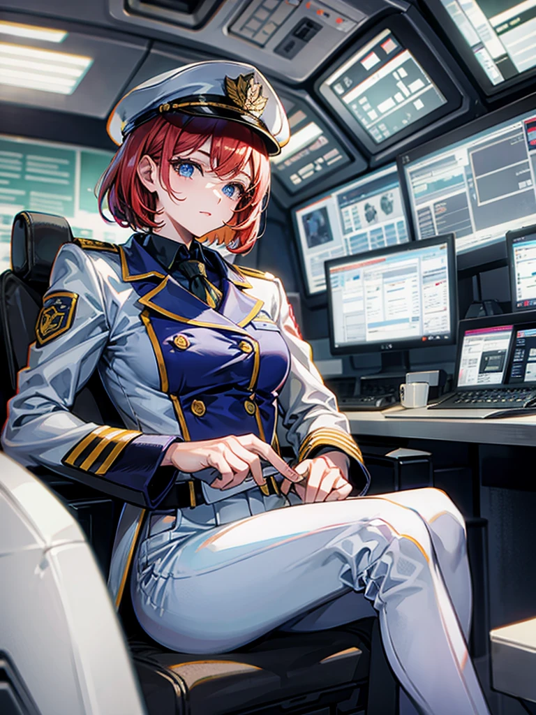 (((masterpiece、Highest image quality、highest quality、highly detailed unity 8kwallpaper)))、(Illustration of one woman)、30 years old、(Viceroy)、((Red-haired shorthair、sidelocks:1.2))、blue eyes、((tall、stocky build、thickset physique:1.3、muscular legs、broad shoulders、solid chest))、((Military uniforms))、((Military Cap))、((military coat))、(white clothes)、(white pants)、(white hat)、trench coat、、(((manspreading、Sitting in the captain's seat)))、(((Inside a futuristic spaceship、Surrounded by instruments and monitors、The Universe on the Monitor、Earth seen from space)))
