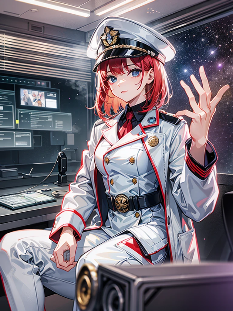 (((masterpiece、Highest image quality、highest quality、highly detailed unity 8kwallpaper)))、(Illustration of one woman)、30 years old、(Viceroy)、((Red-haired shorthair、sidelocks:1.2))、blue eyes、((tall、stocky build、thickset physique:1.3、muscular legs、broad shoulders、solid chest))、((Military uniforms))、((Military Cap))、((military coat))、(white clothes)、(white pants)、(white hat)、trench coat、、(((manspreading、Sitting in the captain's seat)))、(((Inside a futuristic spaceship、Surrounded by instruments and monitors、The Universe on the Monitor、Earth seen from space)))