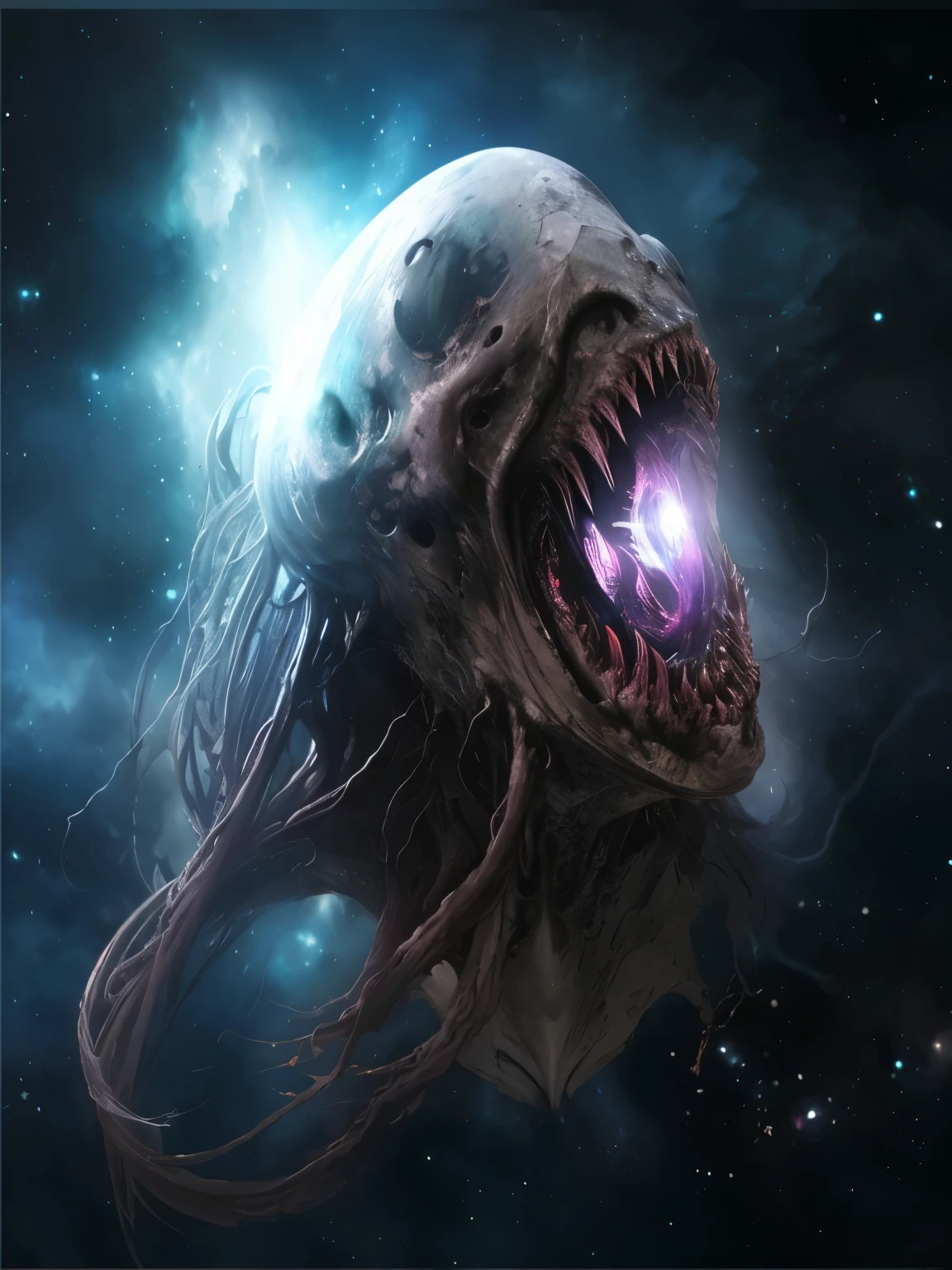 lovecraftian horror illustration, deep space, stars or nebulas, lovecraft's ancient demon god Azatot from smoke and stars, . eldritch, cosmic horror, unknown, mysterious, surreal, highly detailed