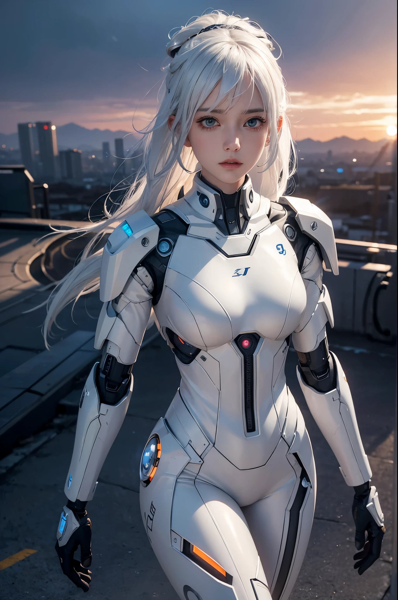 white hair cyborg girl suit ai entertaiment image, at Sunrise, Contemporary, Hopeful, Panfuturism, Dramatic spotlight, lots of details, extremely detailed CG Unity 8k wallpaper