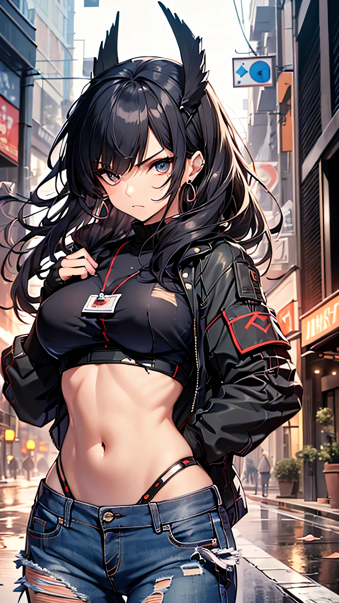 Highest quality、Highest quality、Masterpiece、girl((American、half、18-year-old、as soon as、Highest Bust、Medium Bust、Wide open chest、Red glowing eyes、Black Ear、Red Mesh、Disheveled Hair、Loincloth、thin、The best valley、Open chest、hair ornaments、Full body view、pants、Sports Bra、Random Pause))、high quality、Beautiful Art、background((military base))、flight、Flying Debris、Depth of text、movie、Visual Arts、Perfect Art、8K、Genuine、Special Angles
