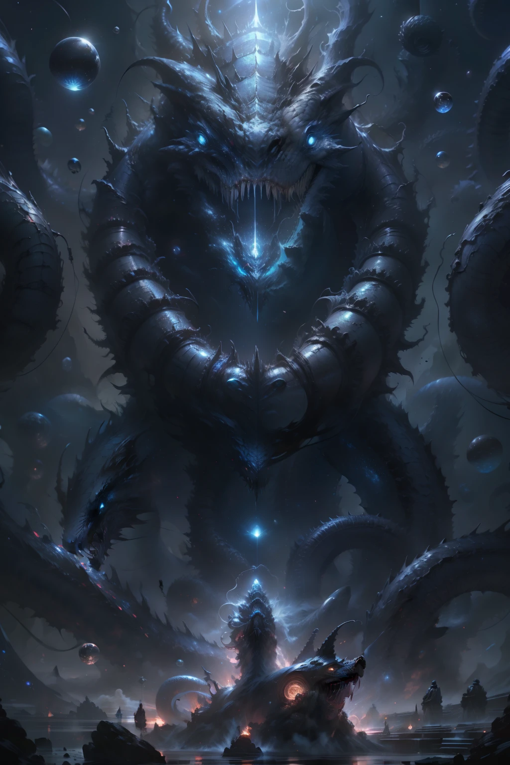 Demen wittor espectro without eyes and a glowing mouth in the space, cosmic horror creature, cosmic horror concept art, amazing space creature 4 k, lovecraftian sea creature, deep sea creature, cosmic horror entity, lovecraftian cosmic fear, inspired by Aleksi Briclot, fantasy and cosmic horror movie, lovecraftian monster, lovecraftian creature, space horror