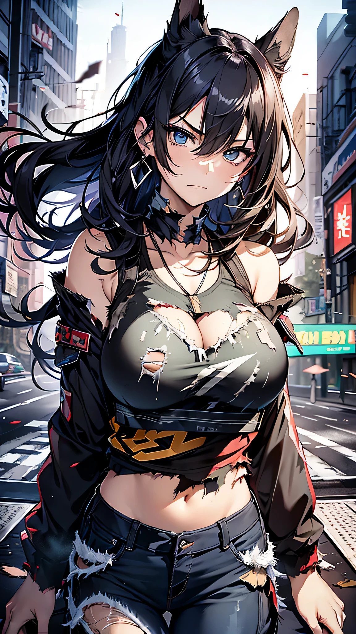 最high quality、best image quality、masterpiece、age girl((18-year-old、 By becoming、vest bust、medium bust,wide open breast tea、black eye, black hair、long hair、thin,highest valley、Torn black t-shirt(2:3)、angry face,damaged pants(2:3)、Perforated gloves、blue earrings、dog tag、Please show me your whole body)),high quality、beautiful art、background((City of night、Blue lightning strike、heavy rain、strong wind、Center of the intersection)),debris flies、Depth of written boundary、movie、visual art、perfect art、8K,genuine