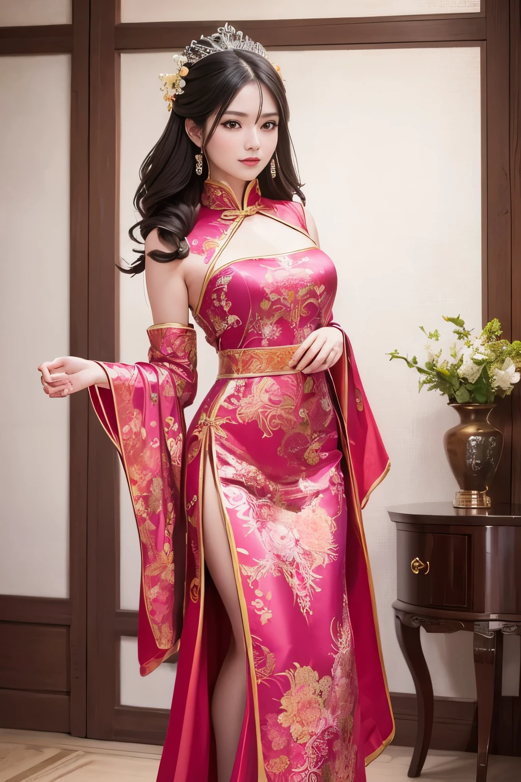 (Photorealistic: 1.3), top quality, high resolution, 1girl, Chinese traditional quipao dress, stylish mini length, elegant and graceful, beautiful detailing, intricate patterns, bright colors, (full body shot: 1.2), professional photography, perfect posture, beautiful hair updo, long black hair, (lively facial expression: 1.2), natural lighting, shiny silk fabric, slender waist, fluid movements, (beautifully decorated: 1.1), vivid and vibrant, captivating beauty, delicate artwork, sophisticated design.