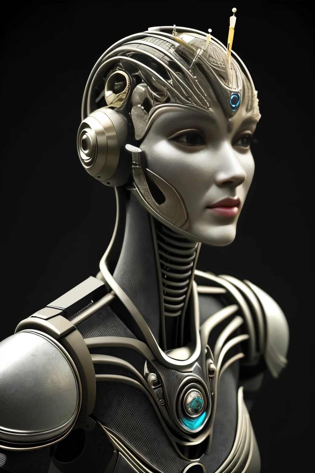 Portraid, Intricate 3d rendering of highly detailed beautiful ceramic female robot, ciborgue, robot parts, 150mm, beautiful studio soft light, Luz de aro, detalhes vibrantes, ciberpunk de luxo, RENDA, surreal, Anatomia , facial muscles, fios de cabo, microchips, elegance, fundo bonito, Octane rendering, Estilo HR Giger, 8k, melhor qualidade, obra de arte, illustration, Muito delicado e lindo, muito detalhado, realista, uniforme, ( fidelidade, fidelidade: 1.37), splendid, detalhe fino, obra de arte, melhor qualidade, arte oficial, Papel de parede realista Unity 8K muito detalhado, absurdo, Inacreditavelmente absurdoo, robot, capacete prateado, corpo todo, sentar e escrever