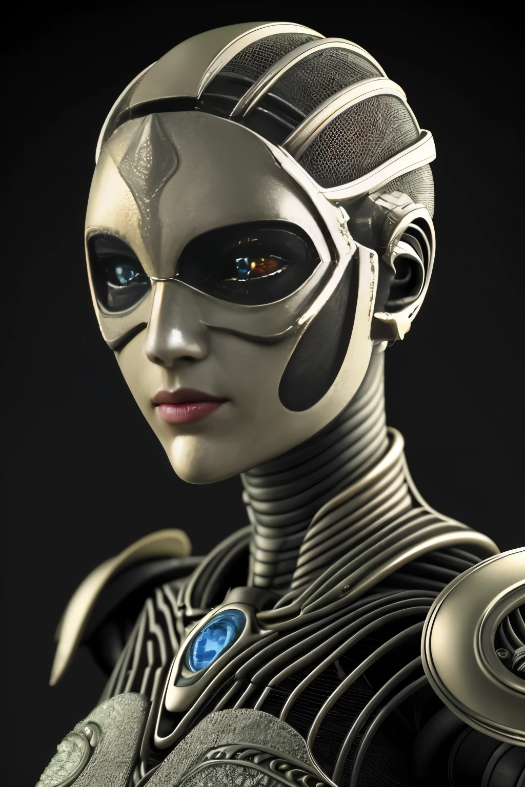 Portraid, Intricate 3d rendering of highly detailed beautiful ceramic female robot, ciborgue, robot parts, 150mm, beautiful studio soft light, Luz de aro, detalhes vibrantes, ciberpunk de luxo, RENDA, surreal, Anatomia , facial muscles, fios de cabo, microchips, elegance, fundo bonito, Octane rendering, Estilo HR Giger, 8k, melhor qualidade, obra de arte, illustration, Muito delicado e lindo, muito detalhado, realista, uniforme, ( fidelidade, fidelidade: 1.37), splendid, detalhe fino, obra de arte, melhor qualidade, arte oficial, Papel de parede realista Unity 8K muito detalhado, absurdo, Inacreditavelmente absurdoo, robot, capacete prateado, corpo todo, sentar e escrever
