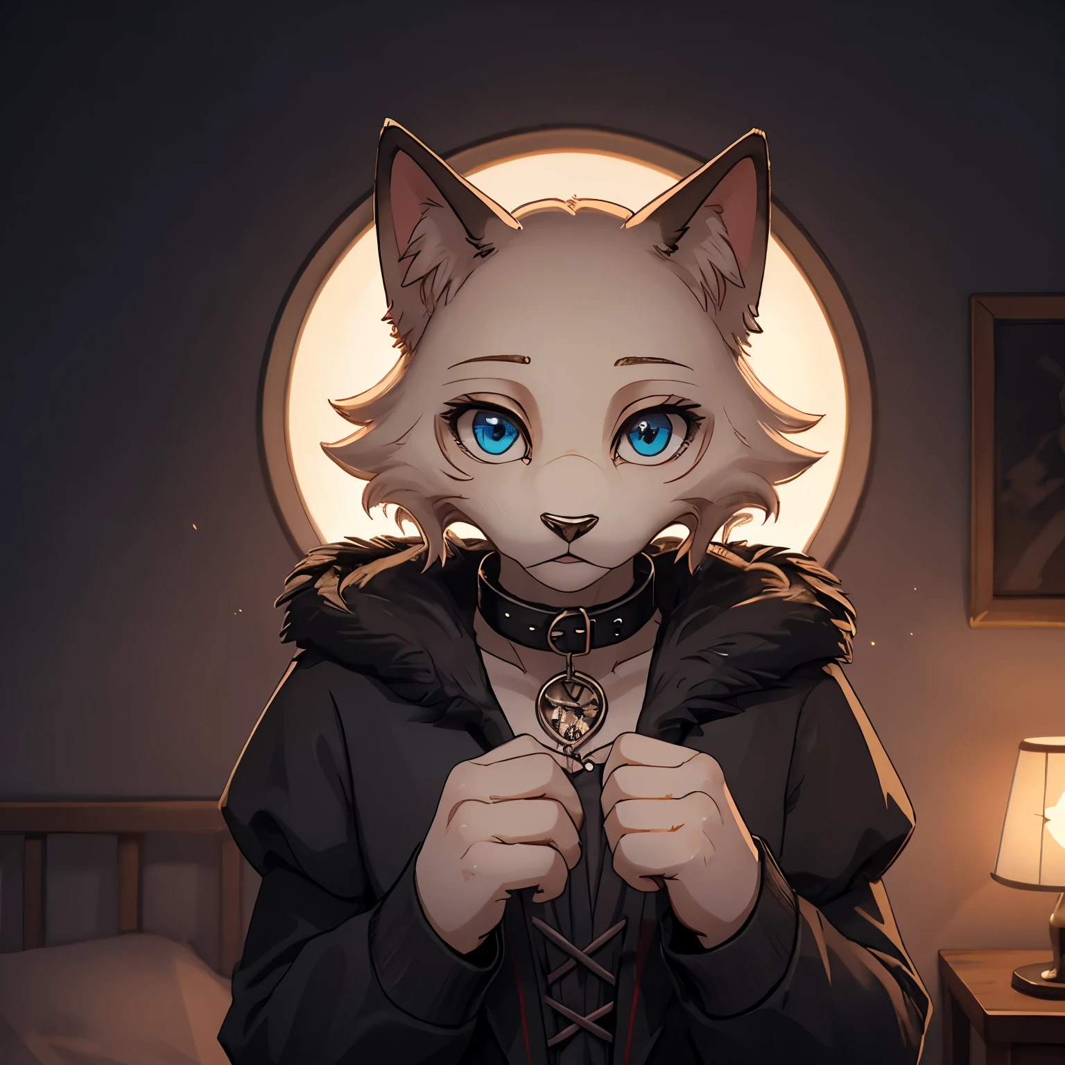 Ragdoll cat,furry,female,(beautiful and fluffy fur,fluffy and cute cat:1.1),SFW,(elegant and mysterious style,stylish gothic fashion:1.2), (dark and atmospheric ambiance:1.1),gothic collar,moonlit background,dramatic lighting,soft and gentle expression, piercing blue eyes,strong contrast,subtle shadows,detailed whiskers,sculpted paws,vivid colors,pastel tones,subtle gradients